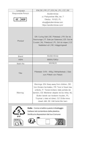 Nitrite Salt - AlcoFermBrew Nitrite Salt 0.6% - 400g Curing Salt Used to Preserve Food for 26kg Meat