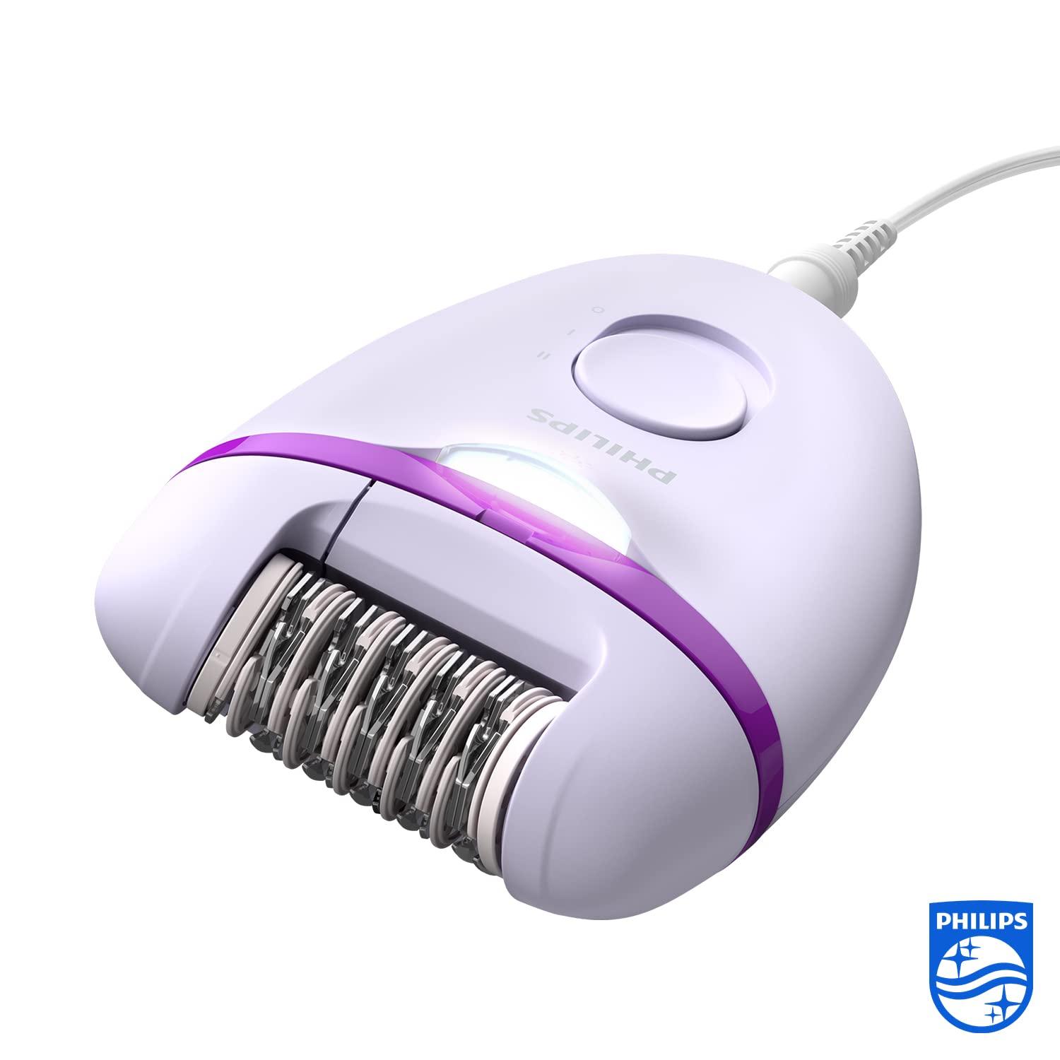 PHILIPS Philips Satinelle Essential Compact Epilator BRE275/00 - Epilation Made Easy, Smooth Skin for Weeks for Legs and Sensitive Areas, with Opti-Light, Includes 4 Accessories, Purple