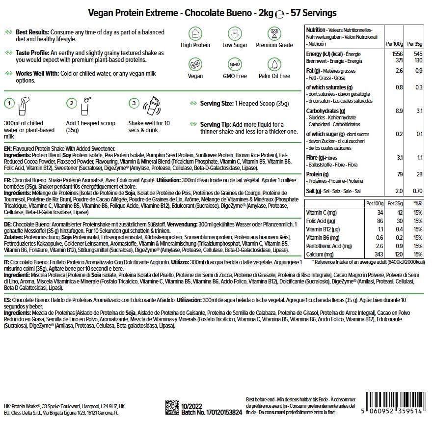 THE PROTEIN WORKS Protein Works - Vegan Protein Extreme, 29g Plant Based Protein, Added Vitamin Blend, 57 Servings, Chocolate Bueno, 2kg
