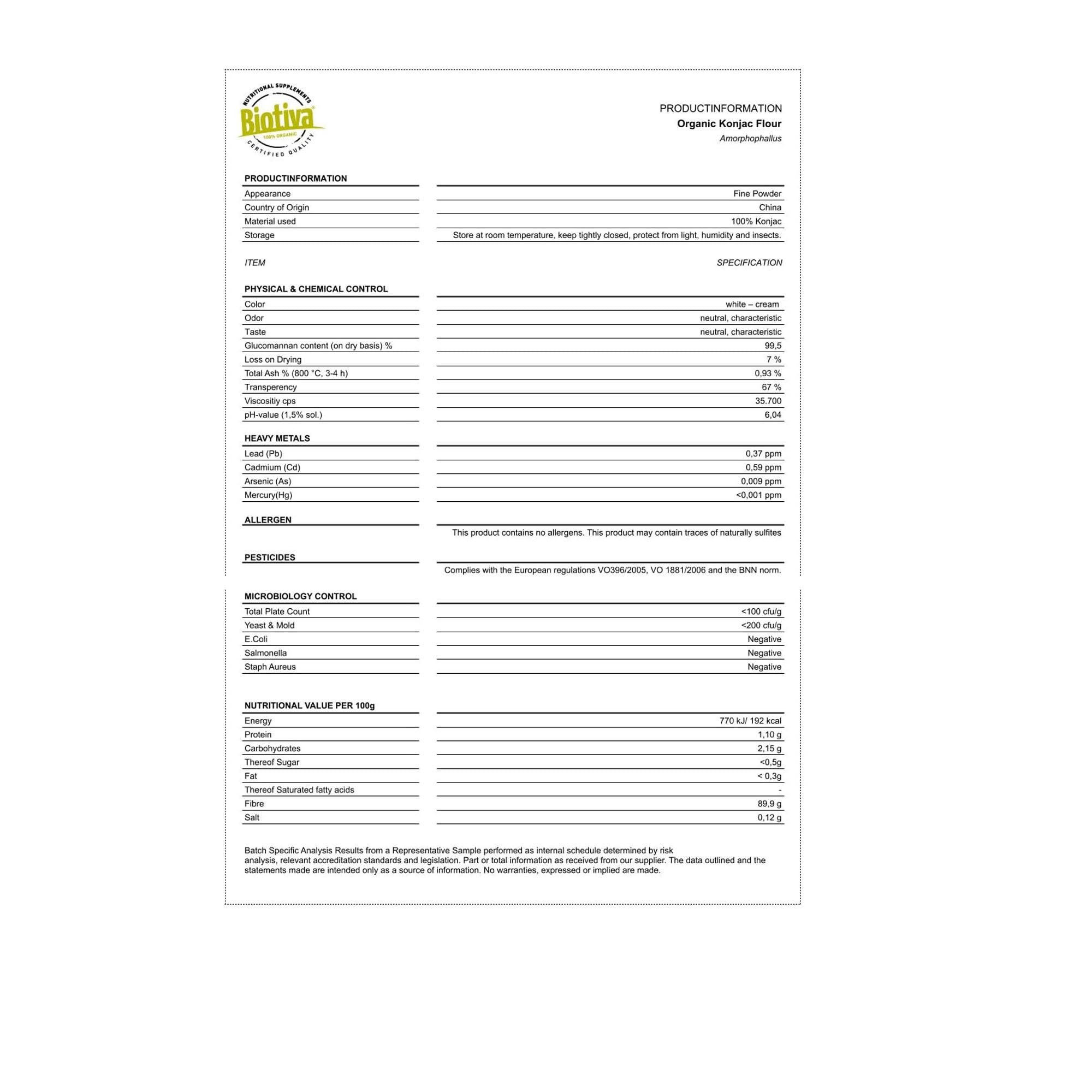 Biotiva Biotiva Konjac Powder Organic 500g (2x250g) - Konjac-Root - Glucomannan - Devils Tounge - Amorphophallus konjac - Without additives - 100% Vegan