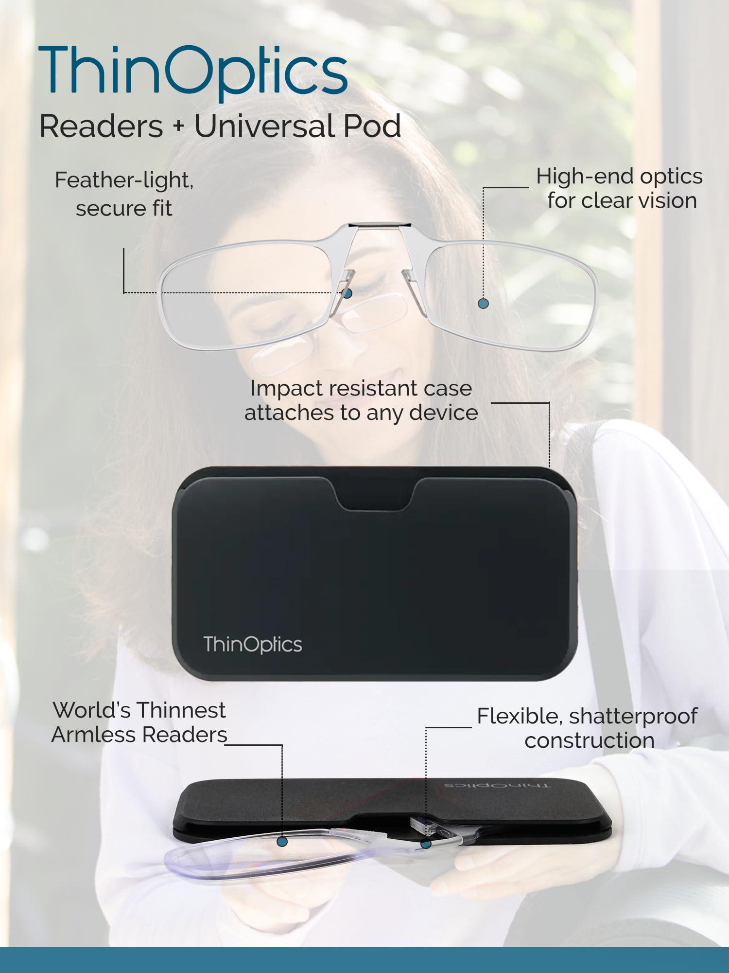 ThinOptics ThinOptics Reading Glasses 1.50 Black Frames with Colour Burst Universal Pod Compact Case - Ultra-light Foldable Rectangular Glasses - Clip-on Nose - 1.50 Strength with Flex-Fit Technology