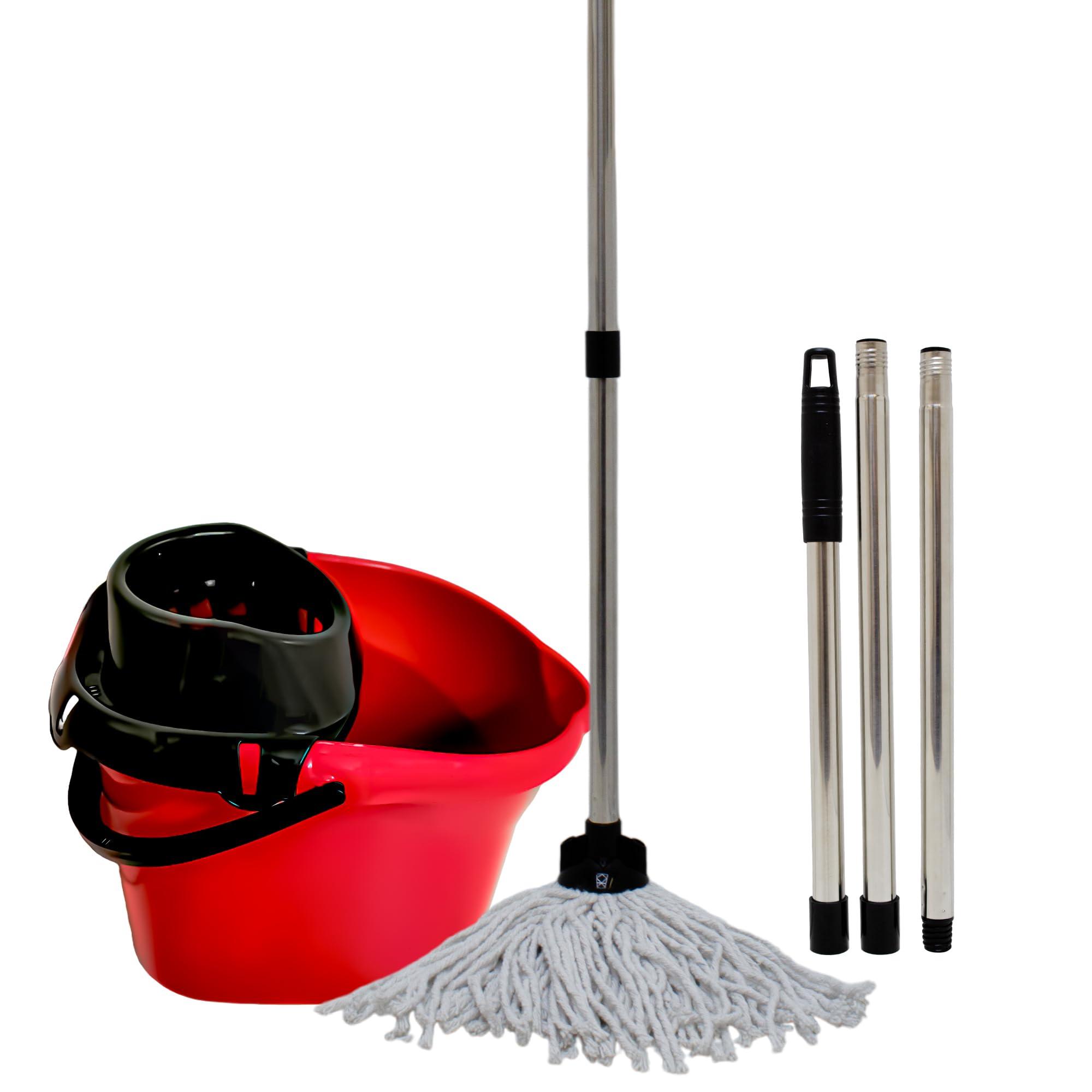 KMJ KMJ Red Mop and Buckets Sets with 2X Mops & Detachable Wringer- Classic Cleaning Plastic Mop and Bucket- Durable Plastic Bucket and Floor Mop Microfibre Mop and Bucket Set
