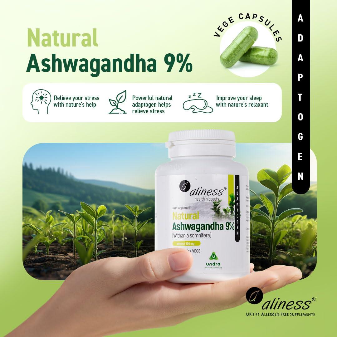 Aliness Aliness Natural Ashwagandha 9%, Withania Somnifera, 100 Vegan Capsules, Adaptogen
