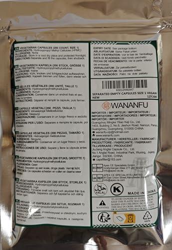 wananfu WANANFU Separated Empty Capsules Size 1 Vegetarian (200 Count), Compatible with Capsule Filling Machine Size 1