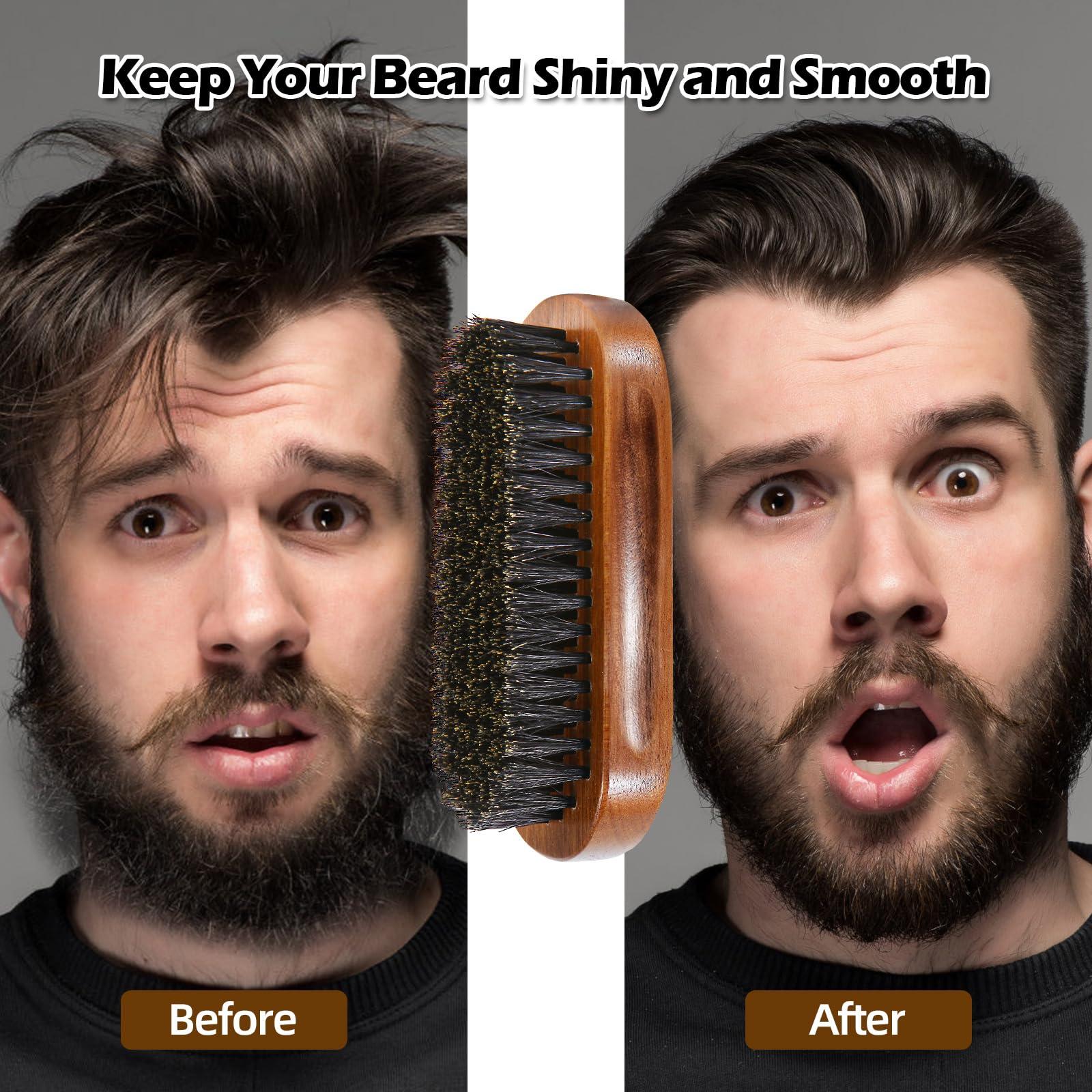 Beauntangly Beard Brush for Men, Boar Bristle Black Walnut Wood Beards and Mustaches Grooming Set Including 100% Pure Boar Bristle Beard Brush, Beard Comb, Mustache Scissors, and Travel Bag