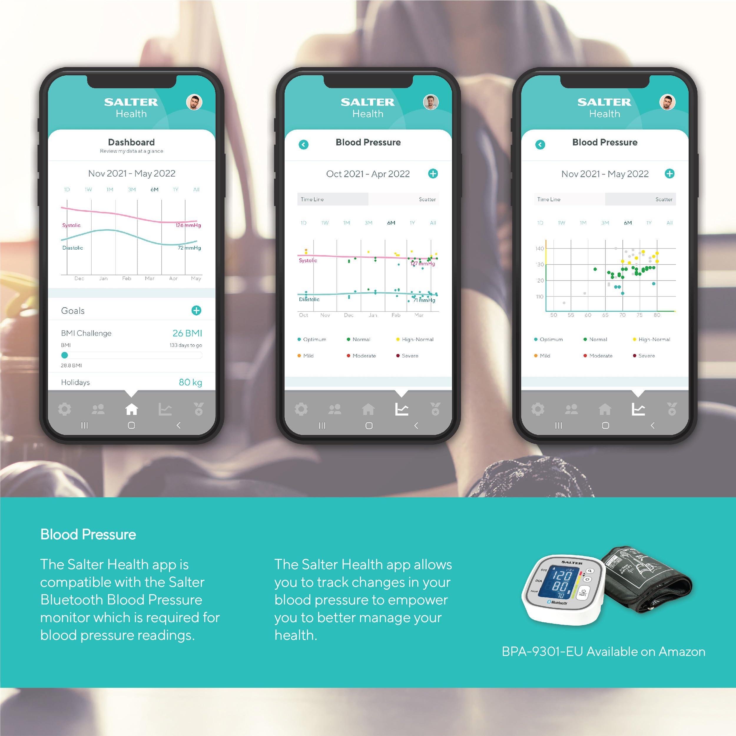 Salter Salter SA00432GFEU6 Bathroom Smart Scale Bluetooth Digital Scale, 200kg, Measure Weight, Body Fat/Water, Muscle/Bone Mass, BMI/BMR, 8 User Memory, Connect to Phone with Free Salter Health App, Grey
