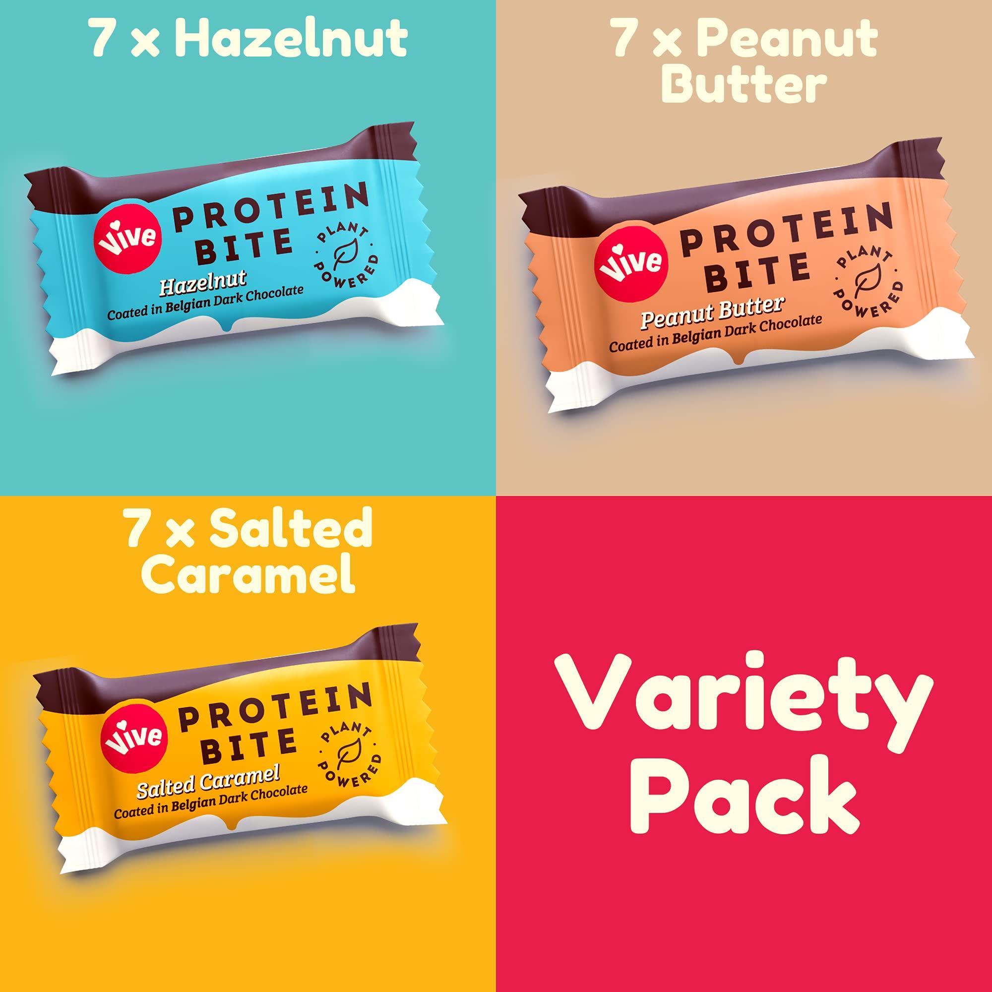 Vive Vive Dark Chocolate Coated Mixed Box Protein Bites - Gluten Free and Vegan - High Fibre Mini Protein Bars - Pack of 21