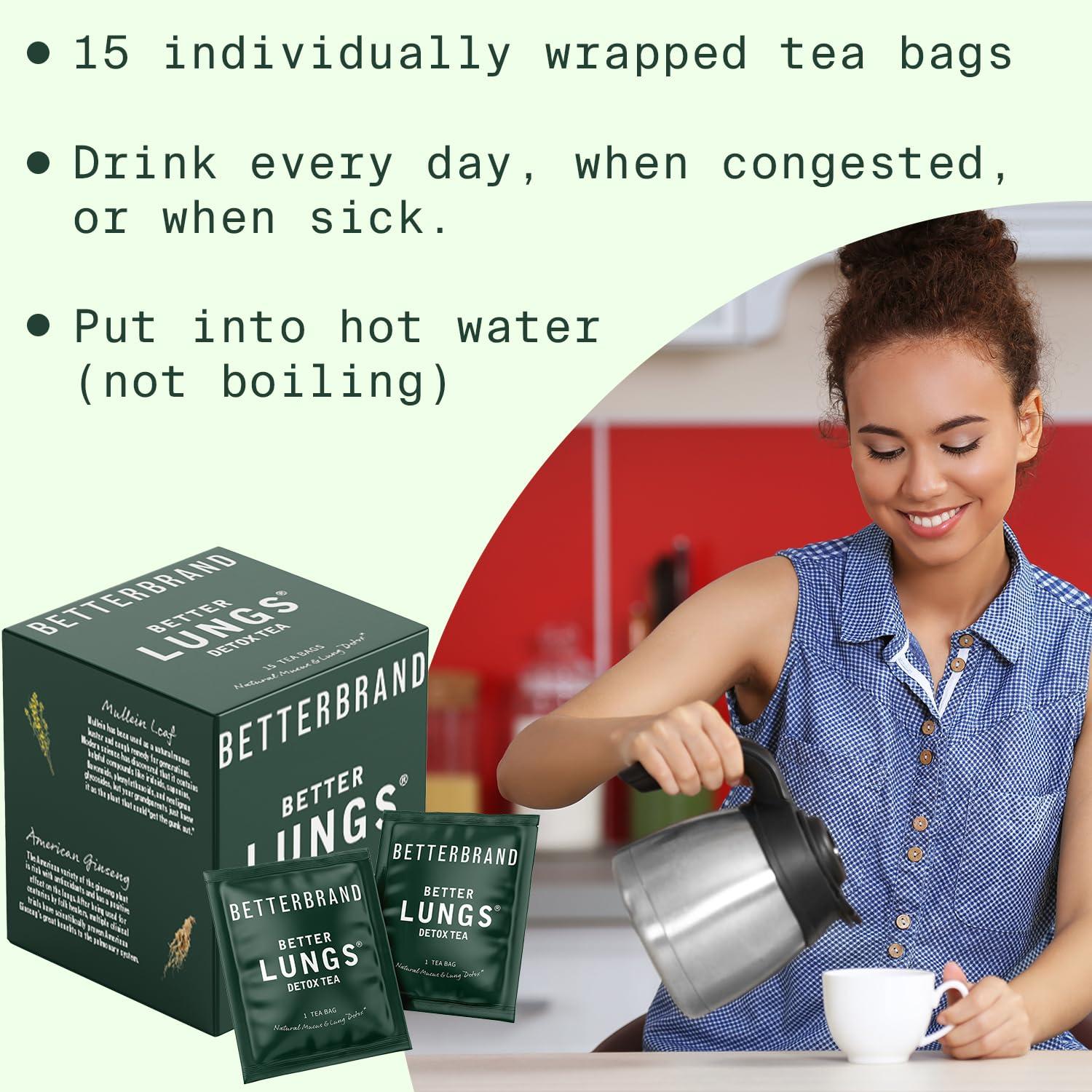 Betterbrand Betterbrand BetterLungs Detox Tea Herbal Tea for Respiratory Support | Mullein Leaf & Herbal Blend for Lung Health & Wellness | Caffeine-Free | 15 Tea Bags
