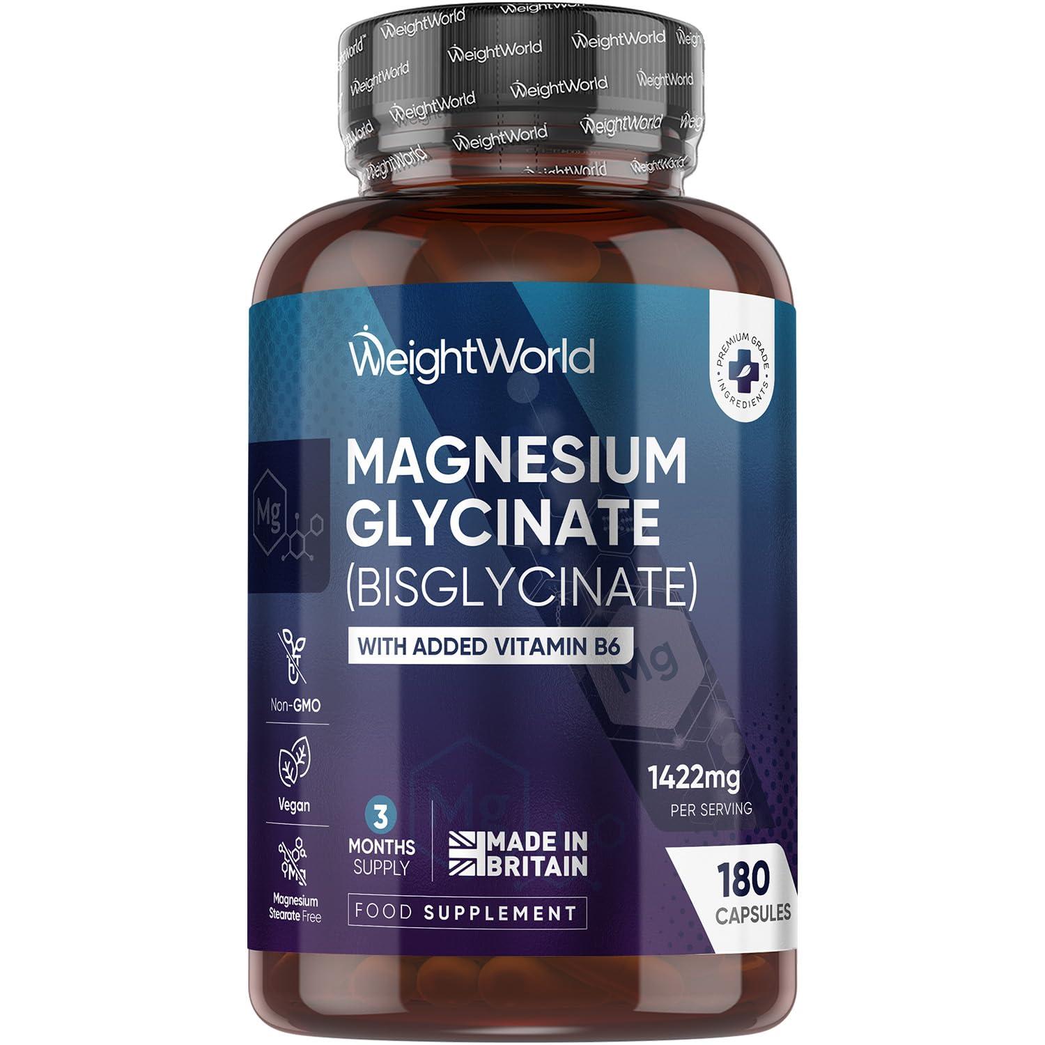 WeightWorld Magnesium Glycinate with Vitamin B6-1420mg Pure Magnesium Bisglycinate Powder Capsules - 180 Magnesium Bisglycinate Capsules - 3 Months Supply - High-Strength Magnesium Supplements