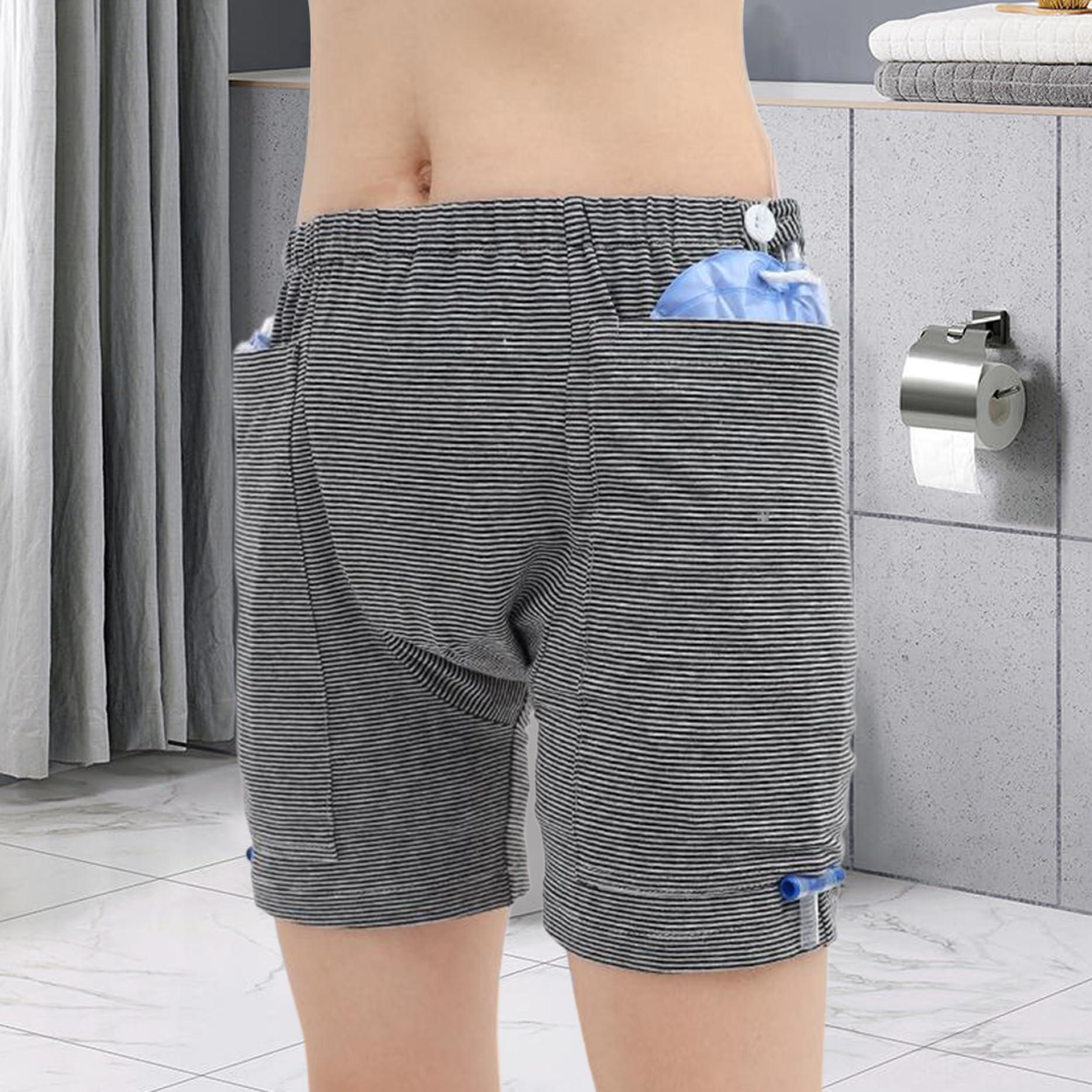Lamppdcor Nephrostomy Bag Clothing,Catheter Underwear for Men with Elastics Cotton Catheter Pants with 2 Pocket & Fixer Striped Concealed Nephrostomy Bag Clothing,No Urine Bag, M