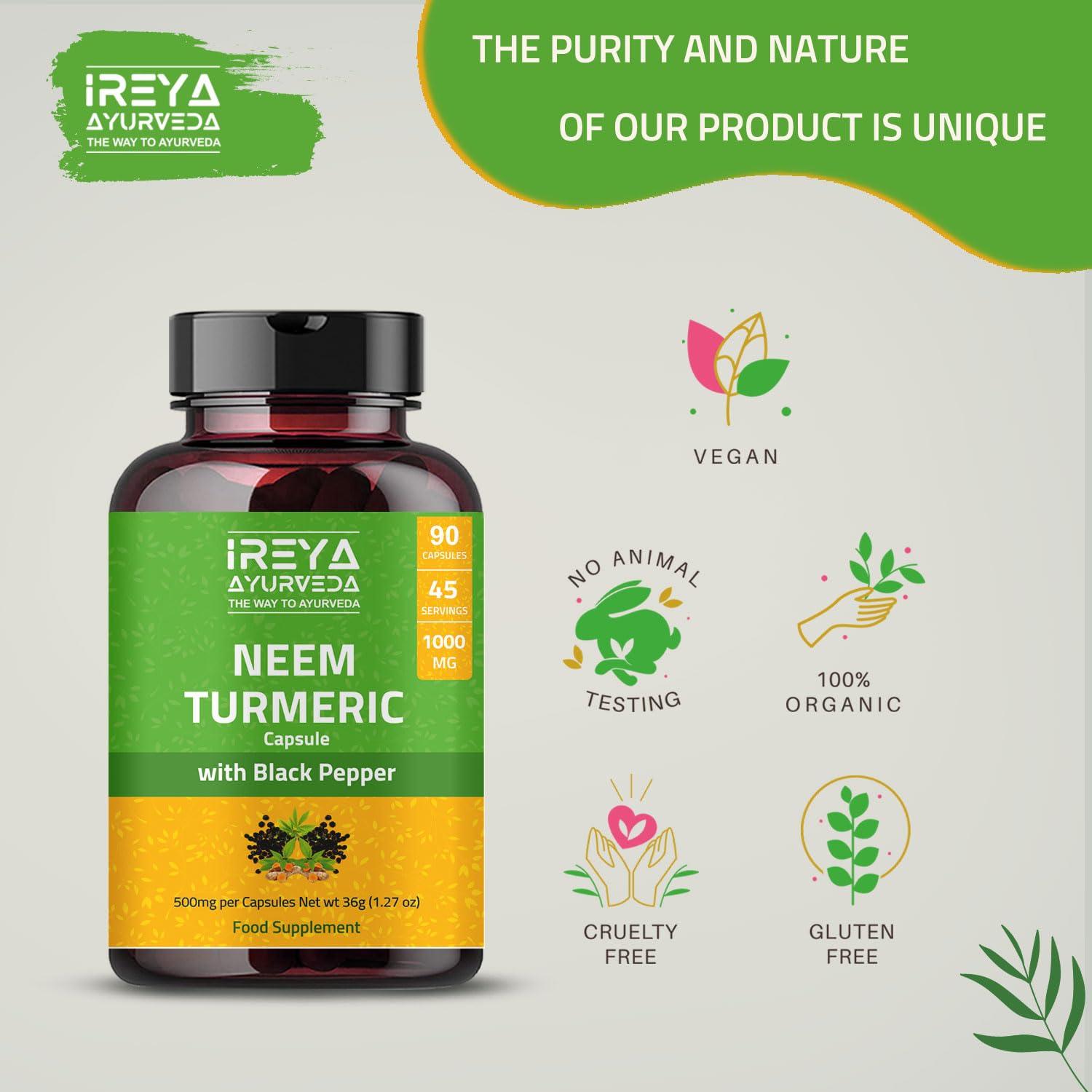 Ireya Ayurveda Neem Turmeric Capsules with Black Pepper Neem Herbal Supplement, Ayurvedic Herbal Cleanser, Detoxification, Enhances skin Health and Immunity (90 Capsules)
