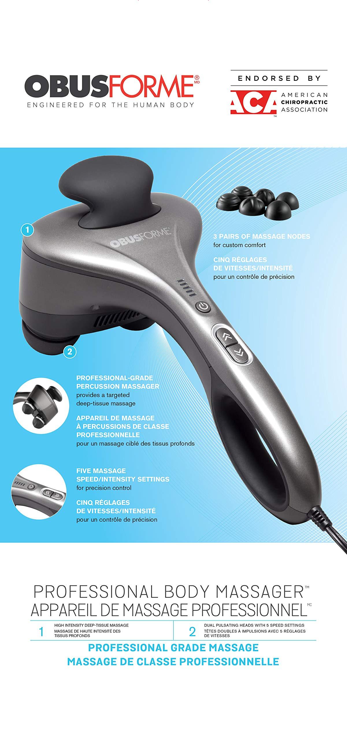 Obusforme Obusforme Professional Grade Percussion Back Massager | Handheld Deep Tissue Massager | 3000 RPM Dual Massage Nodes | Five Massage Intensity Options | Ergonomic Front Grip & Non-Slip Handle