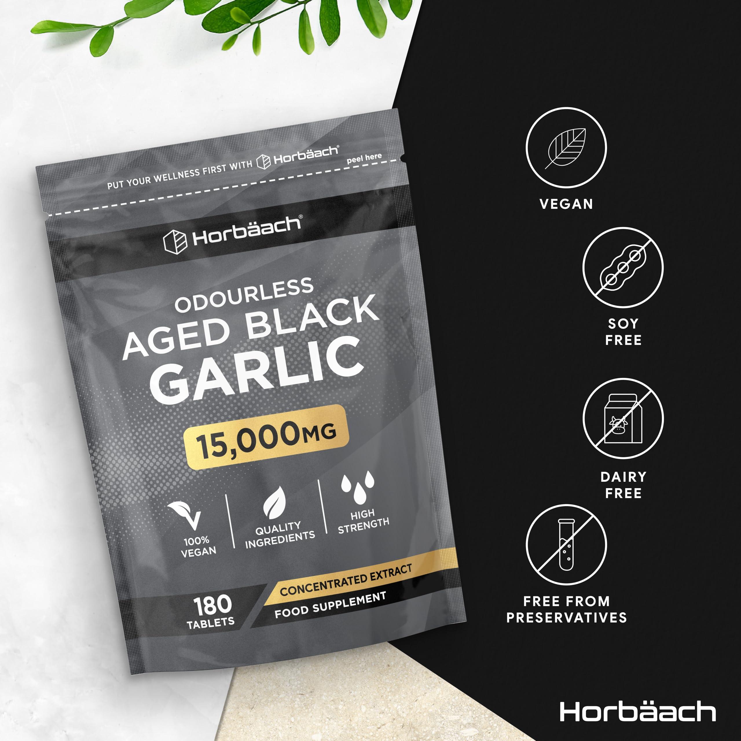 Horbach Black Garlic Tablets 15000mg | 180 Count | High Strength Odourless Concentrated Garlic Extract | Aged Black Garlic Vegan Supplement | by Horbaach