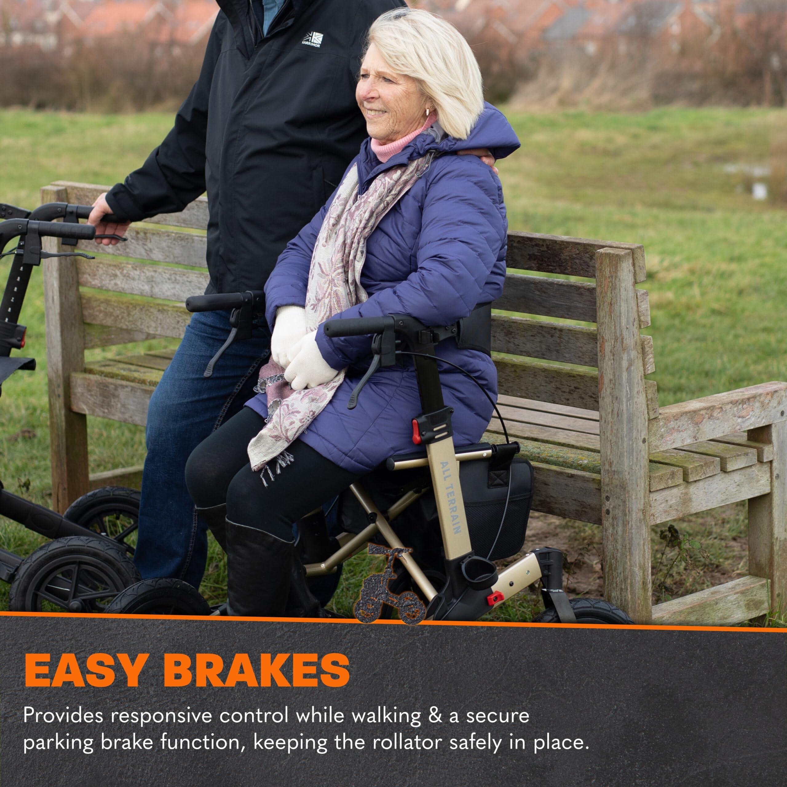 MobiQuip MobiQuip All Terrain 4 Wheel Walker with Seat, Folding Rollator with Large Wheels, Lightweight and Easy to Manoeuvre Over All Terrains, Walker for Adults Mobility or Walking Aid (Champagne)