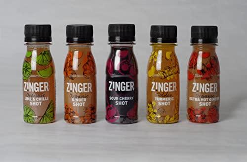 Zinger Zinger extra hot ginger shot (Pack of 15 x 70ml). Organic plant based shot with 27.9g of pressed ginger juice. Natural kick in a pocket-sized format with no added sugar.