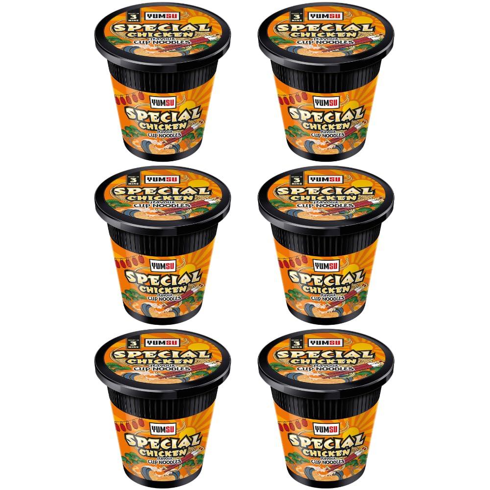 Yumsu Instant Pot Noodles Halal Certified Instant Special Chicken Flavoured Noodles Vegetarian Egg Free 60g (Pack of 6) + FabFinds Mug