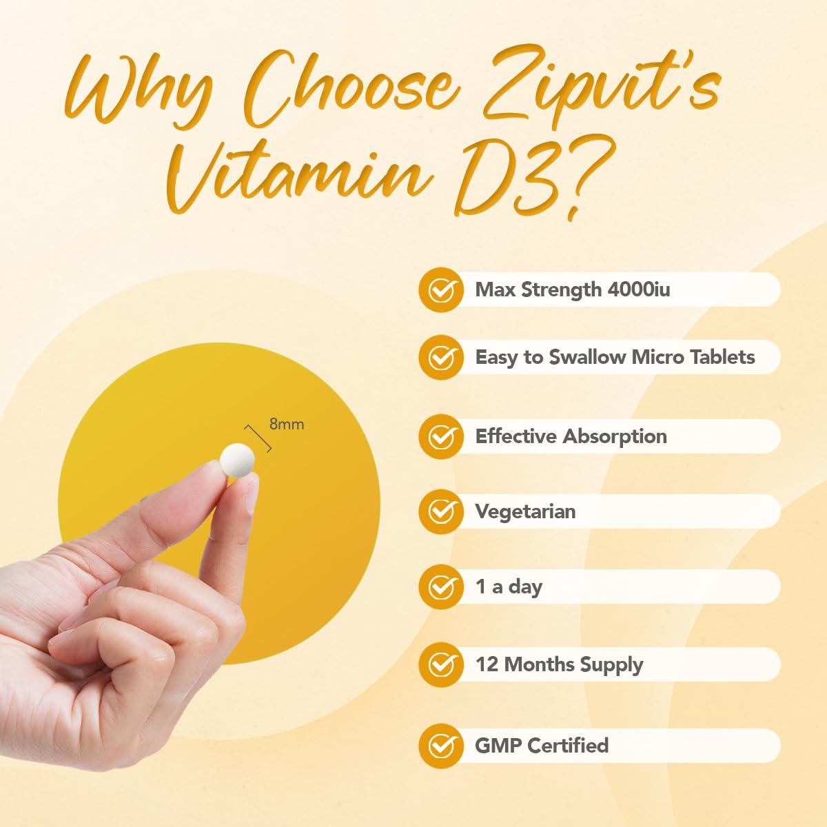 Zipvit Zipvit Vitamin D3 4000 IU, 360 Maximum Strength Vitamin D Tablets, 12 Months Supply, Vegetarian, 1 a Day, VIT D3 As Cholecalciferol, Supports Bones Muscles, Immune System