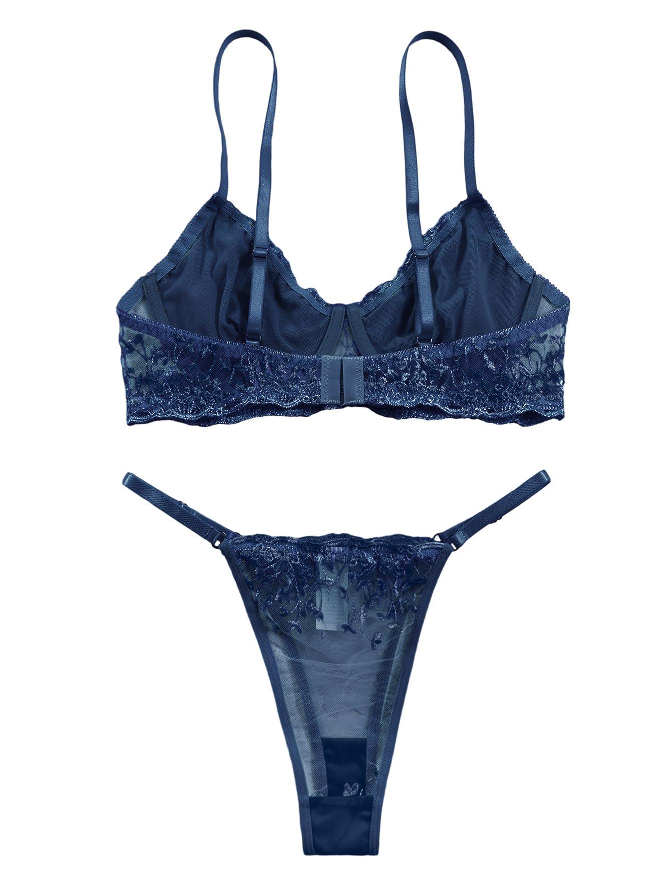 Lilosy Lilosy Sexy Floral Embroidered Mesh Women Underwire Push Up Lingerie Set, Leaf Navy Blue, XS