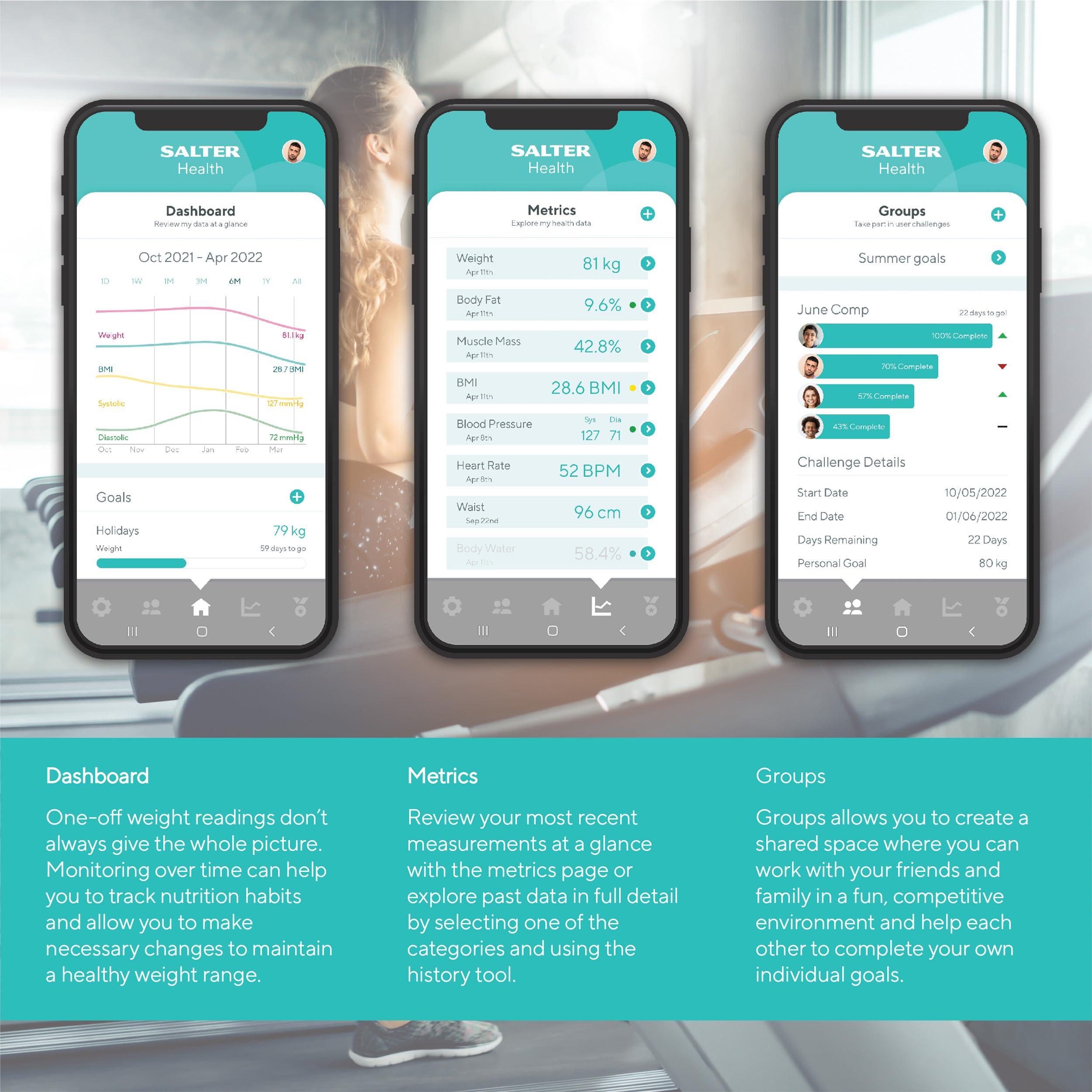 Salter Salter SA00432GFEU6 Bathroom Smart Scale Bluetooth Digital Scale, 200kg, Measure Weight, Body Fat/Water, Muscle/Bone Mass, BMI/BMR, 8 User Memory, Connect to Phone with Free Salter Health App, Grey