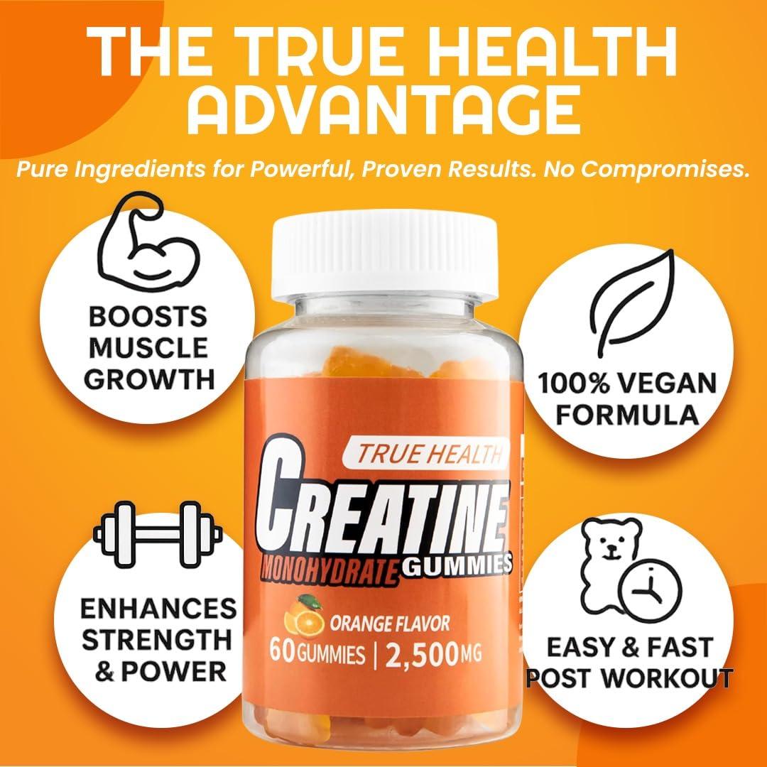 TRUE HEALTH True Health Creatine Monohydrate Gummies - Vegan Muscle Recovery Supplement, Orange Flavor, 60 Count - Easy & Tasty Post-Workout Boost