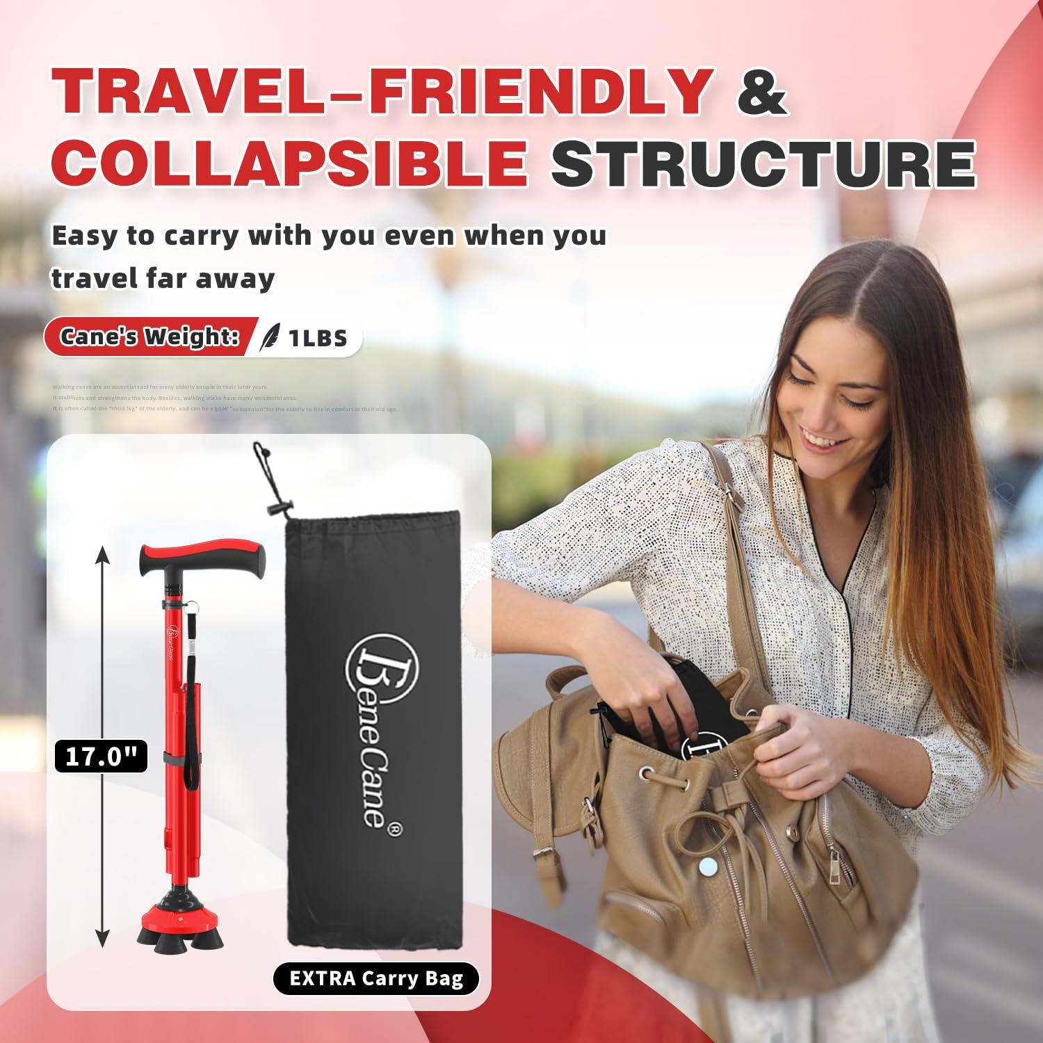 BeneCane BeneCane Walking Cane for Men & Women Walking Stick for Seniors Folding Canes Quad Cane Adjustable Lightweight Sturdy Free Standing Collapsible Heavy Duty with Soft TPR T-Handle and Travel Bag