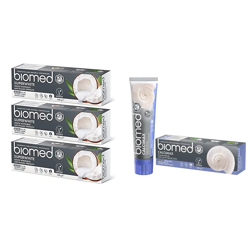 BIOMED Biomed Superwhite Natural Coconut Toothpaste, Tropical Flavour - 100 g (Pack of 3) & Calcimax Natural Toothpaste with Calcium for Enamel Restoration and Cavity Protection, Mint - 100 g (Pack of 1)