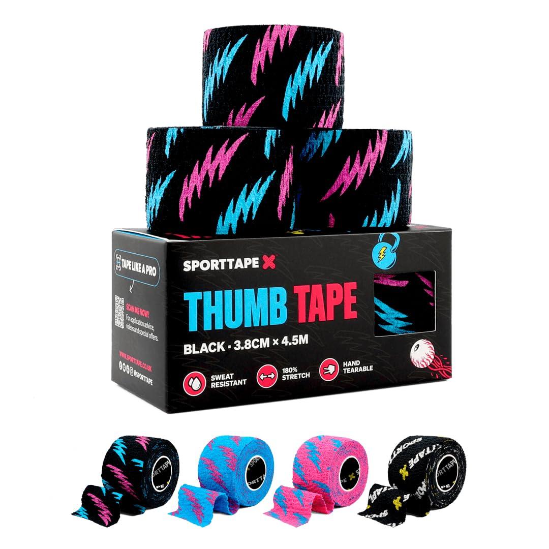 SPORTTAPE SPORTTAPE 3 Rolls Weightlifting Thumb Tape - Punk | CrossFit Tape with Sweatproof Adhesive | Easy Tear Grip Tape | Weightlifting Tape for Hook Grip, Olympic Lifting & Powerlifting - 3.8cm x 4.5m