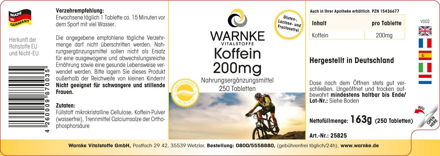 WARNKE VITALSTOFFE Caffeine 200mg - highly dosed - vegan - 250 tablets | Warnke Vitalstoffe - German pharmacy quality