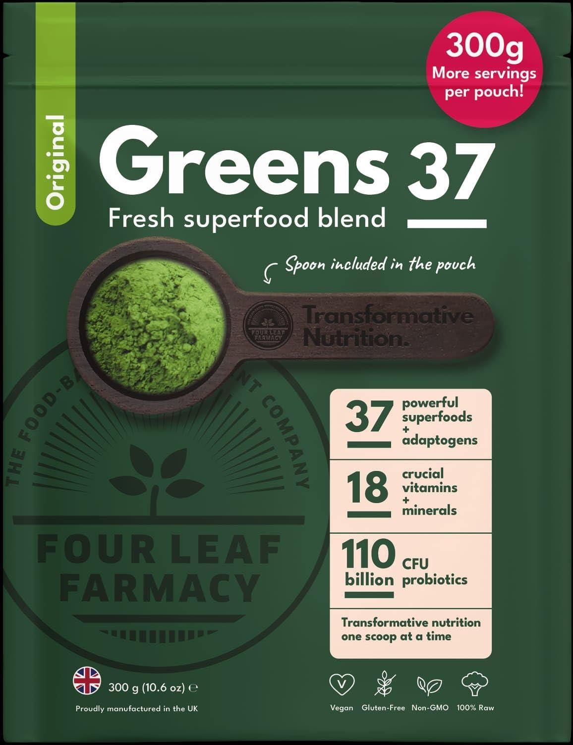 Four Leaf Farmacy Greens Powder - Made in UK with 37 superfoods - 300g High Dosage Servings - Vegan Gluten Free Greens Powder- Daily Vitamins, probiotics for Gut Health - with KSM-66 Ashwagandha and Lions Mane