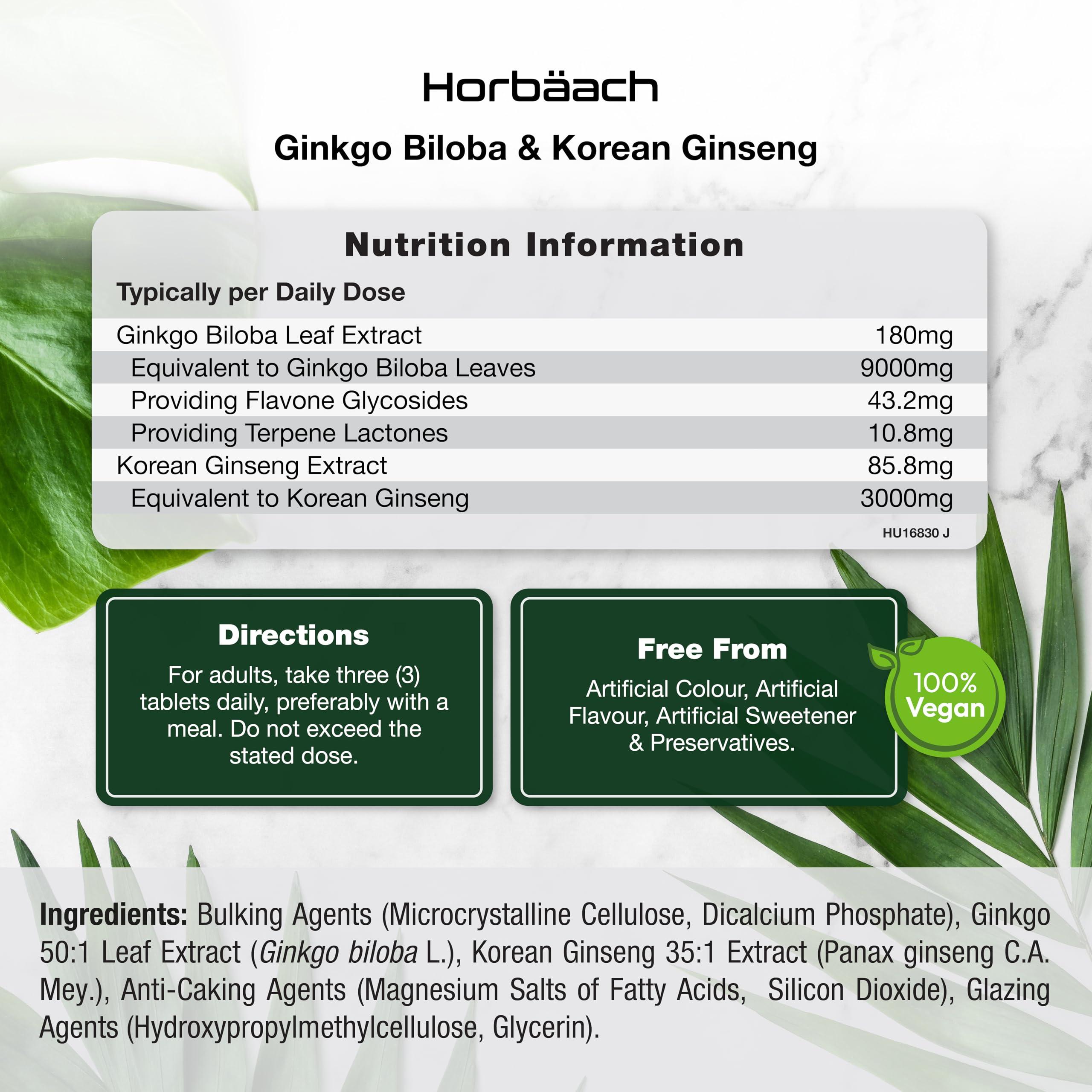Horbach Ginkgo Biloba and Korean Ginseng Tablets | High Strength | Ginkgo 9000mg & Ginseng Root 3000mg | 180 Vegan Tablets | by Horbaach