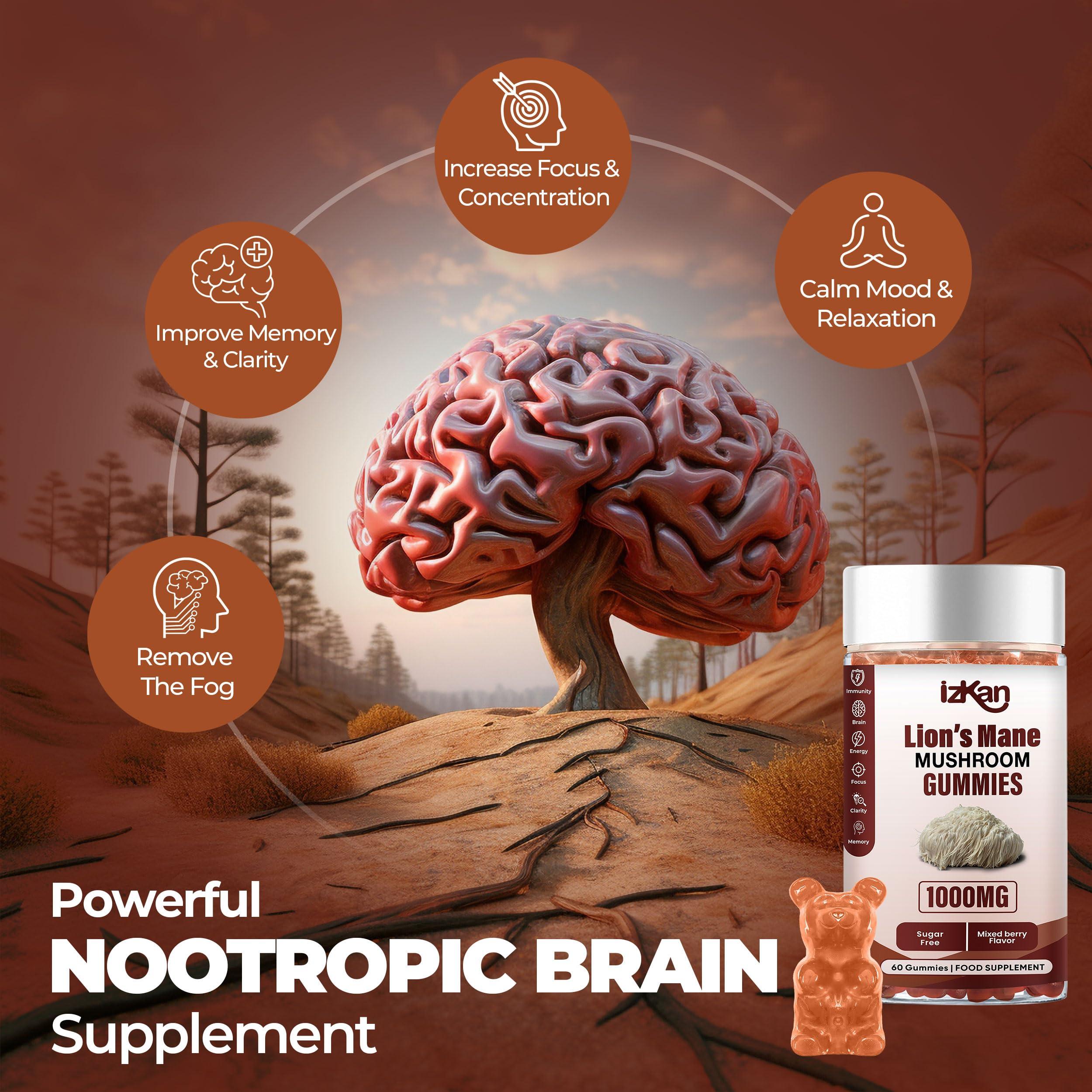 Izkan Mushroom Gummies 1000mg - Lion Mane Mushroom Gummies Supplement Promotes Focus, Memory, and Mood - 60 Count (Mixed Berry Flavor, Halal, Gluten-Free, Vegan) (2)