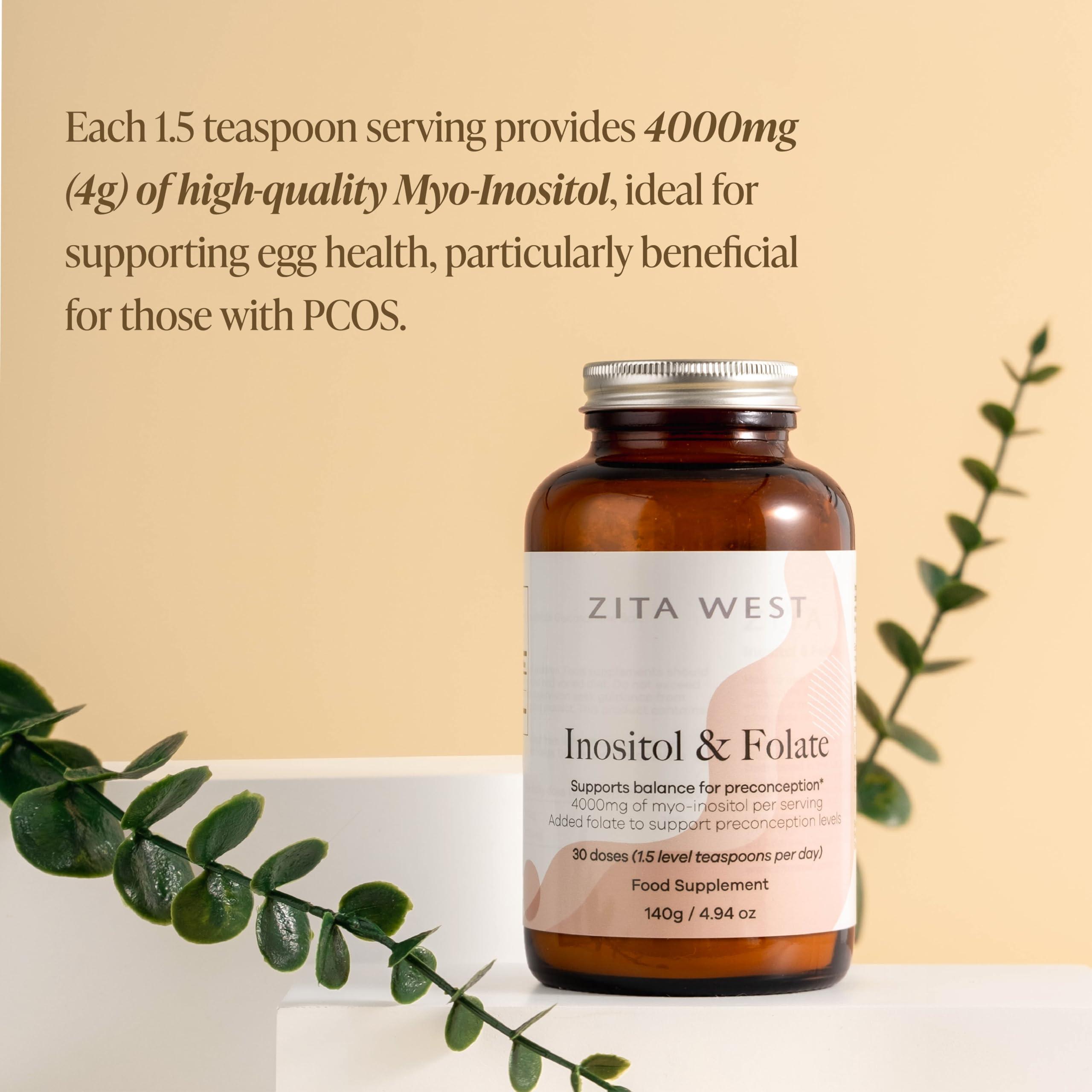 Zita West Zita West Myo-Inositol & Folate Powder 4000mg of Inositol Per Serving for PCOS, Egg & Menstrual Cycle Support, Preconception Supplement - 140g (30 Doses)