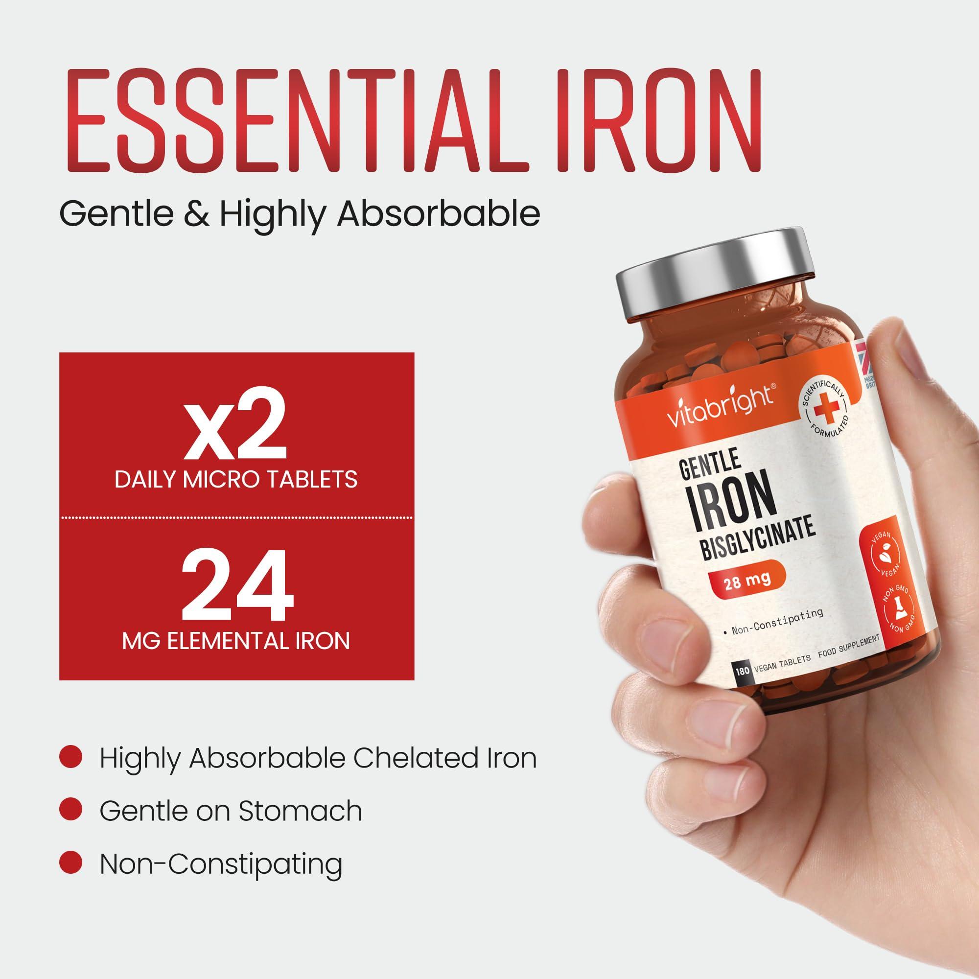 VitaBright Gentle Iron Tablets High Strength 28mg Vegan Iron Tablets Women & Men, Chelated (Organic) Iron Supplements for Women & Teens, Energy Tablets for Tiredness, VitaBright Strong Iron Bisglycinate