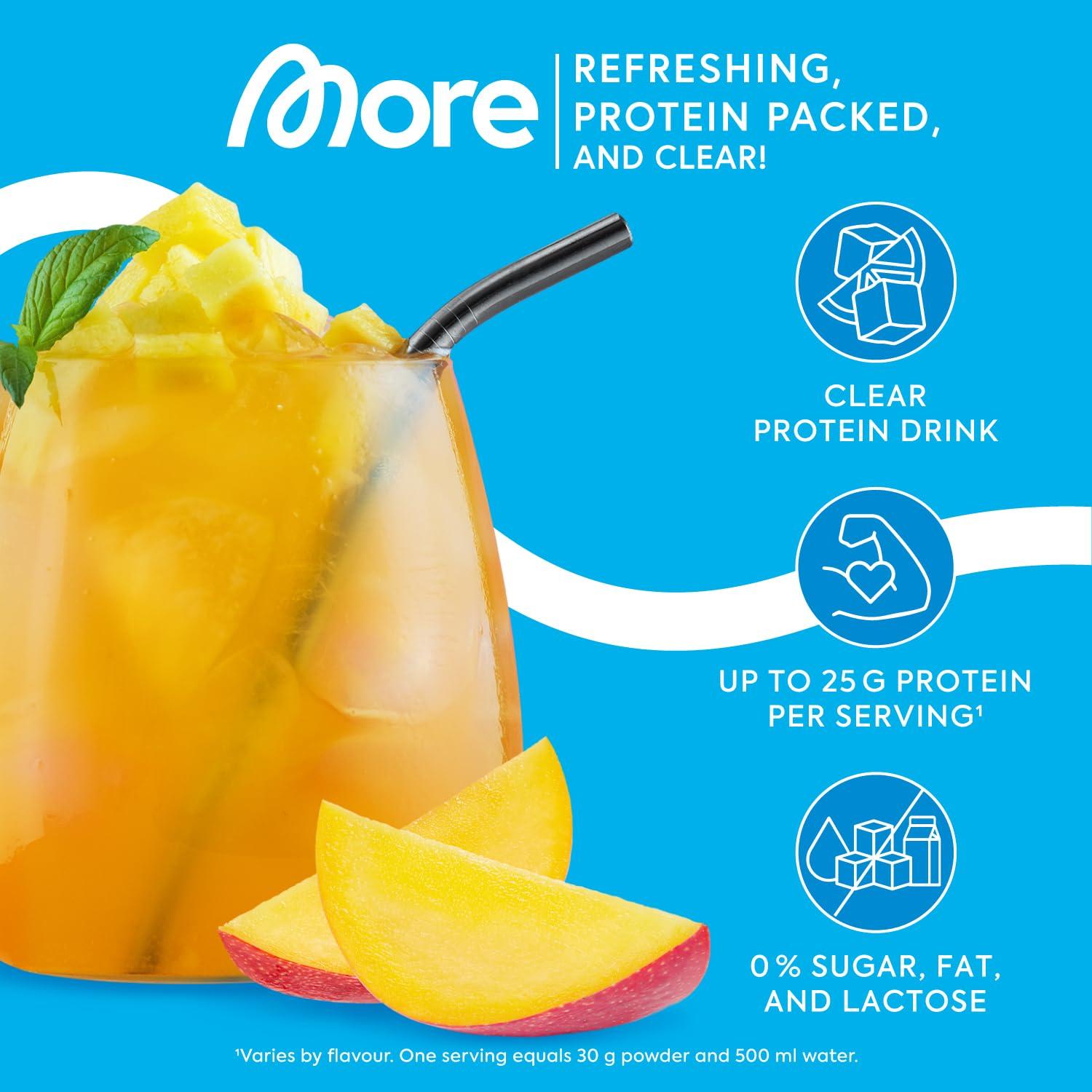 MORE NUTRITION MORE NUTRITION Clear Protein Whey Isolate Powder, Mango Juice, 600 g, 1.32 lbs, 20 Servings Clear Whey - Lactose Free - Muscle Building and Recovery Powder Made in Germany