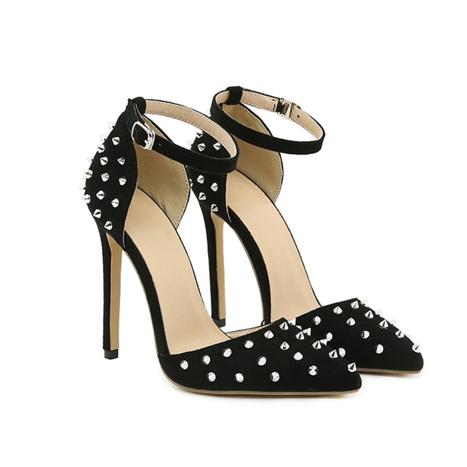 WOkismD WOkismD 12CM/4.7 Inches Pointed Toe Stiletto Square Toe Rivet High Heels Sexy Party Wedding Shoes,Black,35