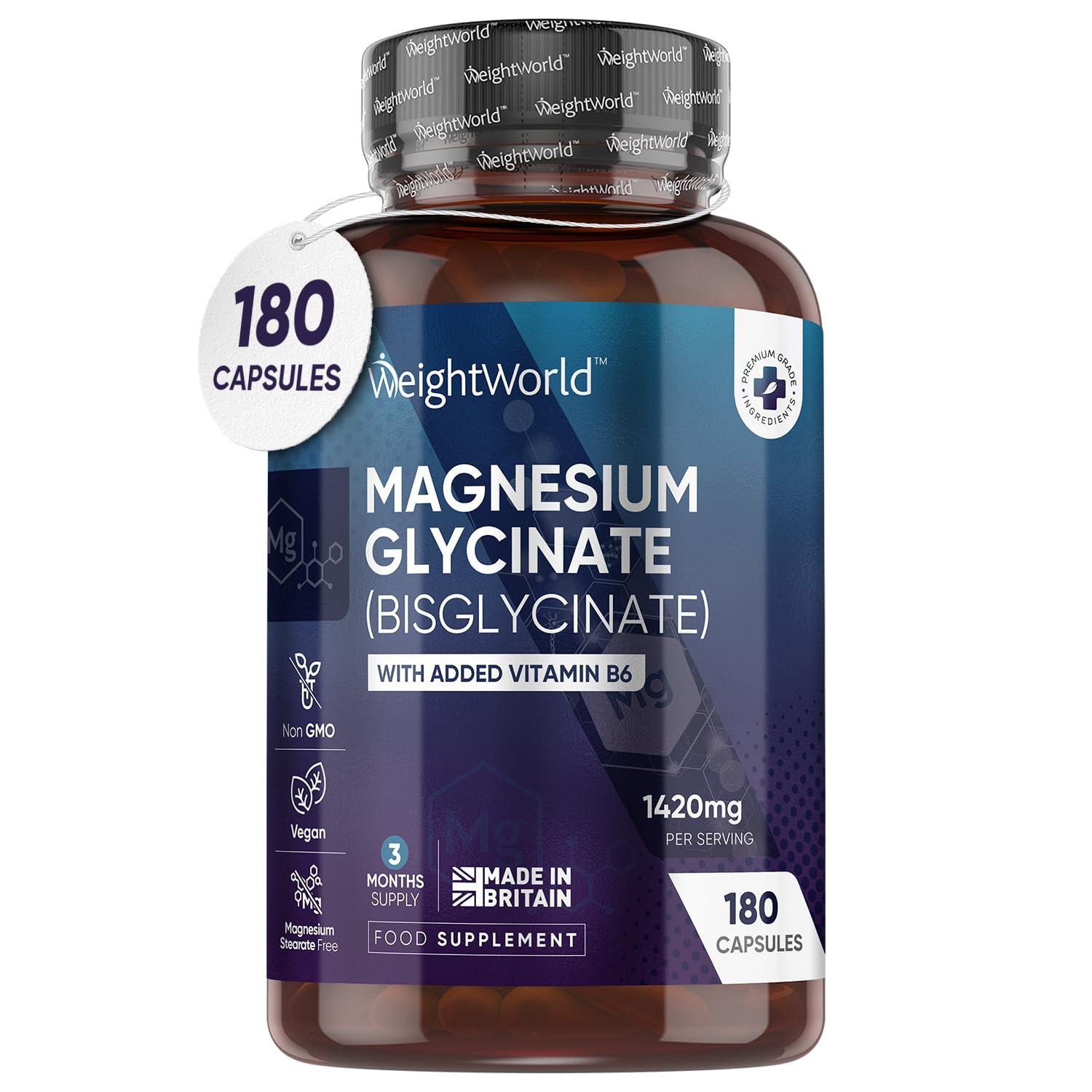 WeightWorld Magnesium Glycinate with Vitamin B6-1420mg Pure Magnesium Bisglycinate Powder Capsules - 180 Magnesium Bisglycinate Capsules - 3 Months Supply - High-Strength Magnesium Supplements