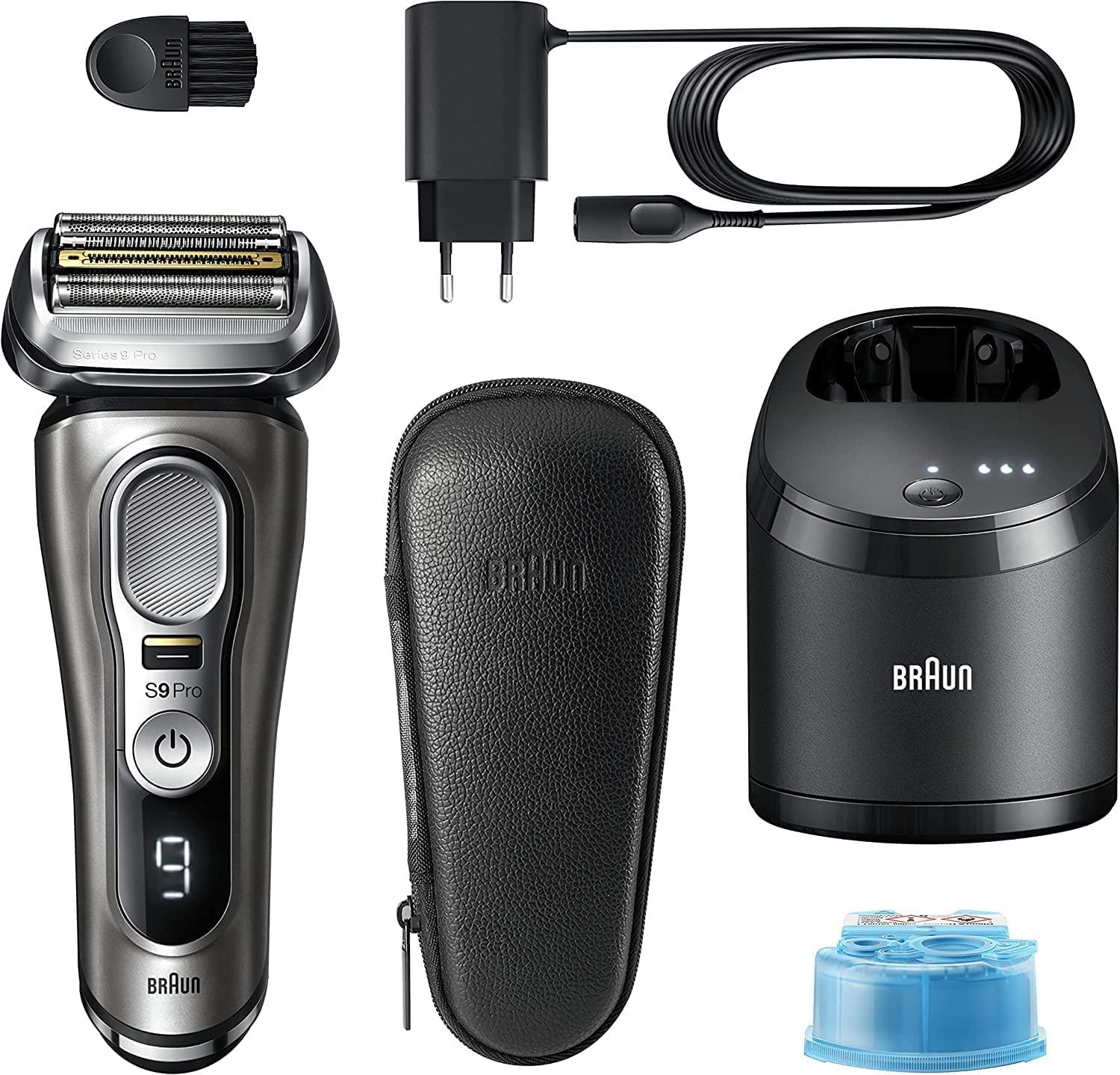 Braun Braun Series 9 Pro Electric Shaver with 4+1 Head, Electric Razor for Men with ProLift Trimmer, 5-in-1 SmartCare Center and Leather Travel Case, 9465cc + Shaver Replacement Head, 94M, Silver