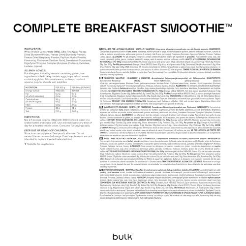 Bulk Bulk Breakfast Smoothie, High Protein, Real Fruit Pieces, Blueberry & Raspberry, 2.5 kg, Packaging May Vary