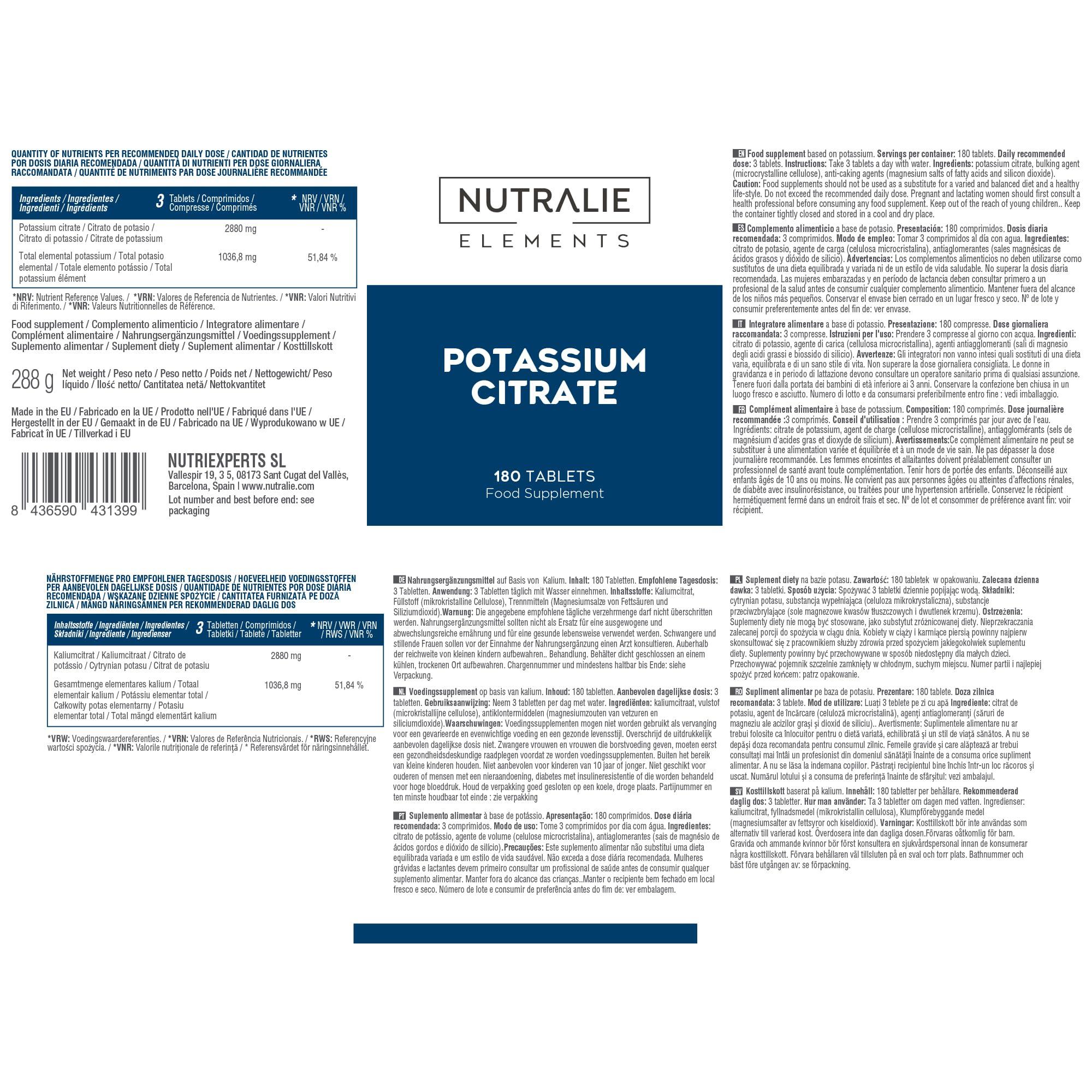 NUTRALIE Potassium - Potassium Citrate - High Dose - 2880mg - Element Pure Potassium +1000mg - Muscle - Potassium Citrate - 180 Tablets - Nutralie