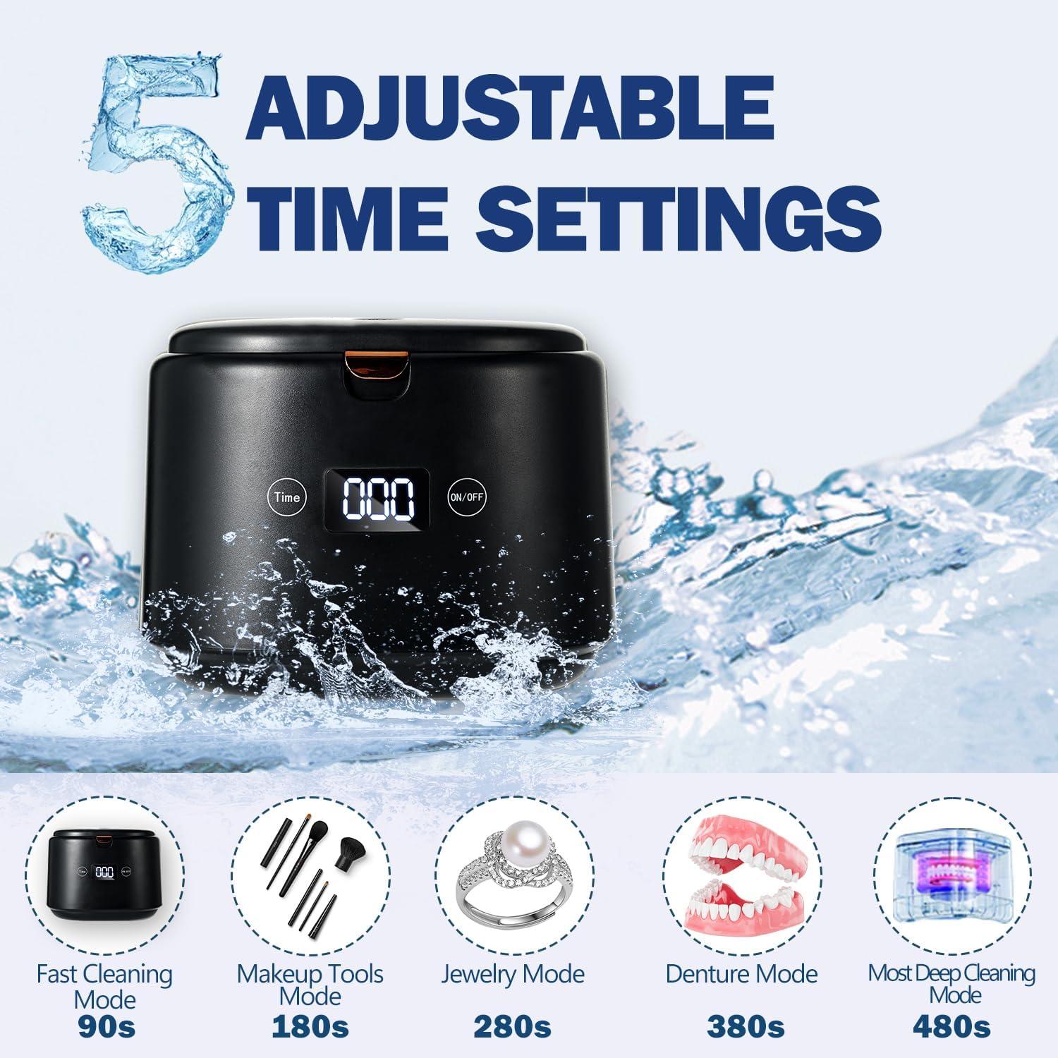 NDAN Ultrasonic Retainer Cleaner, Sonic Dental Cleaning U-V Machine for Dentures, Mouth Guard, Aligner, Toothbrush Head, Jewelry, All Dental Appliances, Portable 30W/45kHz (Black)