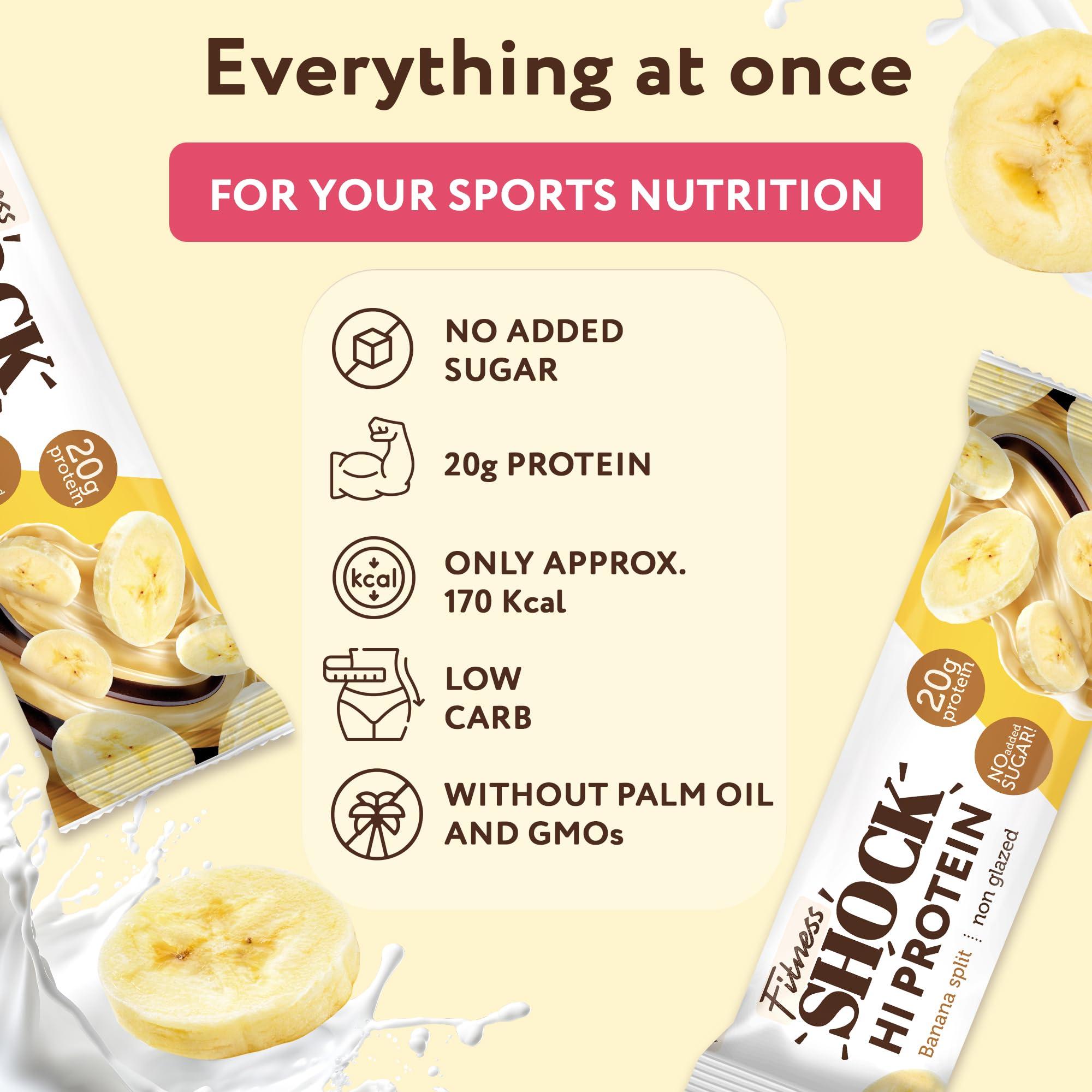FitnesSHOCK FitnesSHOCK High Protein Bars - High 20G Protein Content Protein Bar With No Added Sugar, Low Calorie Low Carb High Fibre, Banana Split Flavour 12Pcs 60G