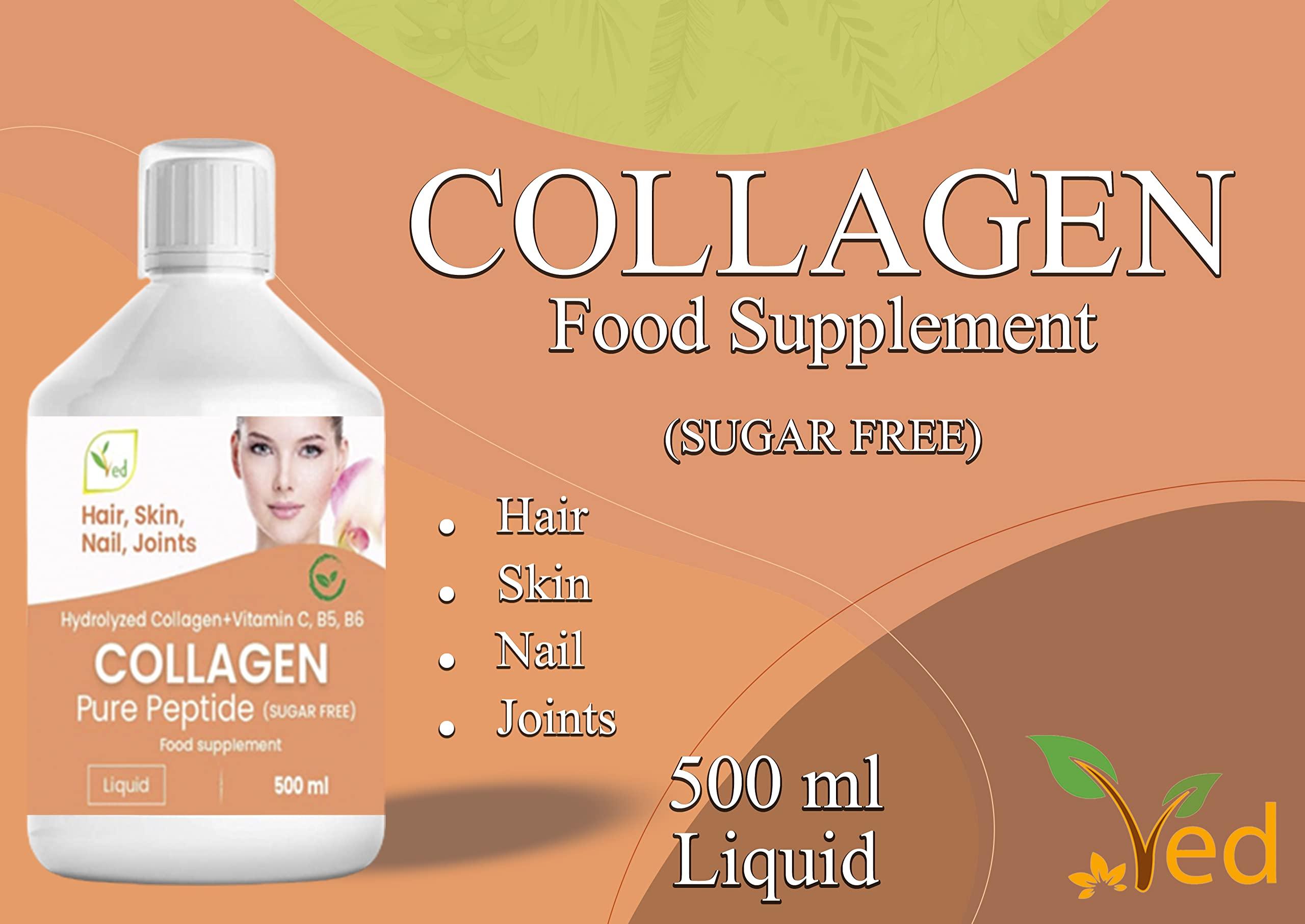 Ved Liquid Collagen Peptides Supplement, Faster Absorption Dietary Hydrolyzed Drink, Skin, Muscles, Hair, Nail Growth, for Women, Men, Unflavored 500 ml (Sugar Free)
