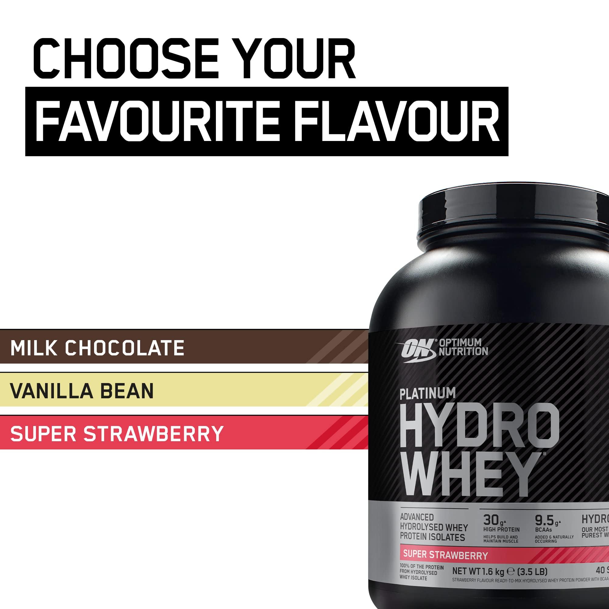 Optimum Nutrition Optimum Nutrition Platinum Hydro Whey, Hydrolysed Whey Protein Isolate Powder with Essential Amino Acids, Glutamine and BCAA, Super Strawberry Flavour, 40 Servings, 1.6 kg