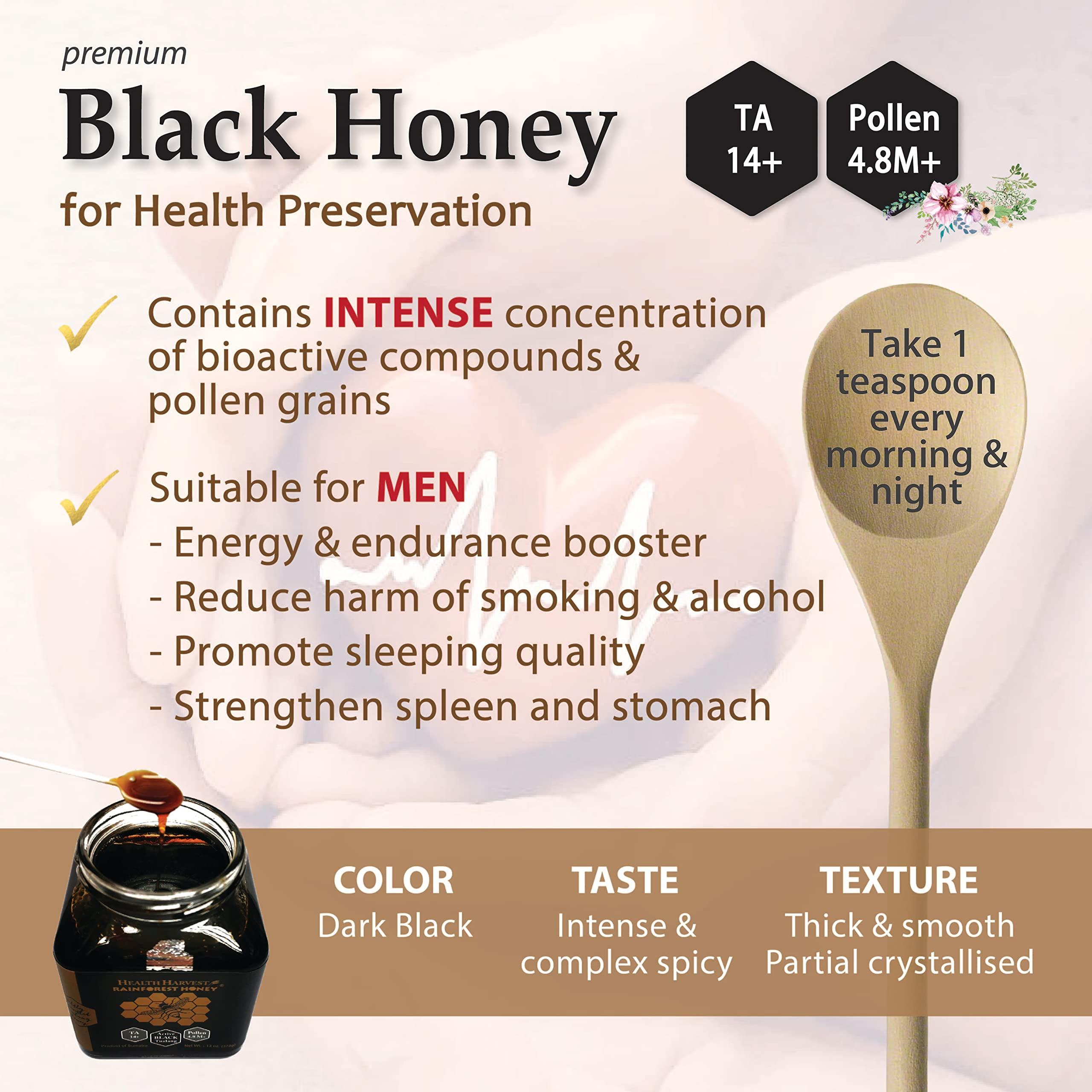 Health Harvest Premium Tualang Black Honey 375g (TA 14+, Pollen Count 4.8M+, Pollen Variety 150+) Intense Choice for Men Preservation, Wild-ripening on 250ft Treetop, Raw, Unpasteurised, Unfiltered