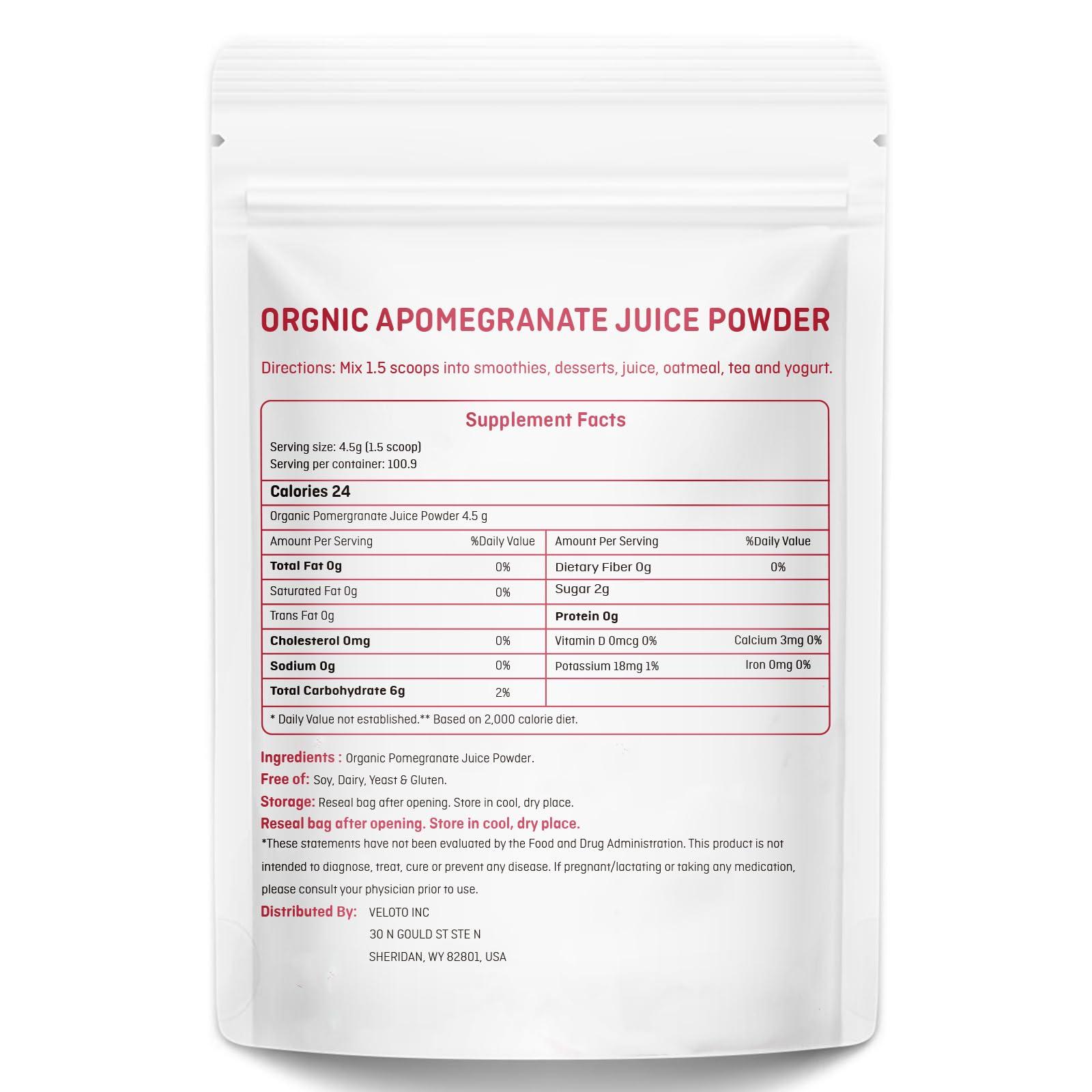 VELOTO Organic Pomegranate Juice Powder, Pure Pomegranate Powder Fruit Freeze Dried Powder, Natural Vitamin C Vegan Sweetener Superfoods for Smoothies, Yogurt & Shake, Gluten Free, Non GMO, 1 lb