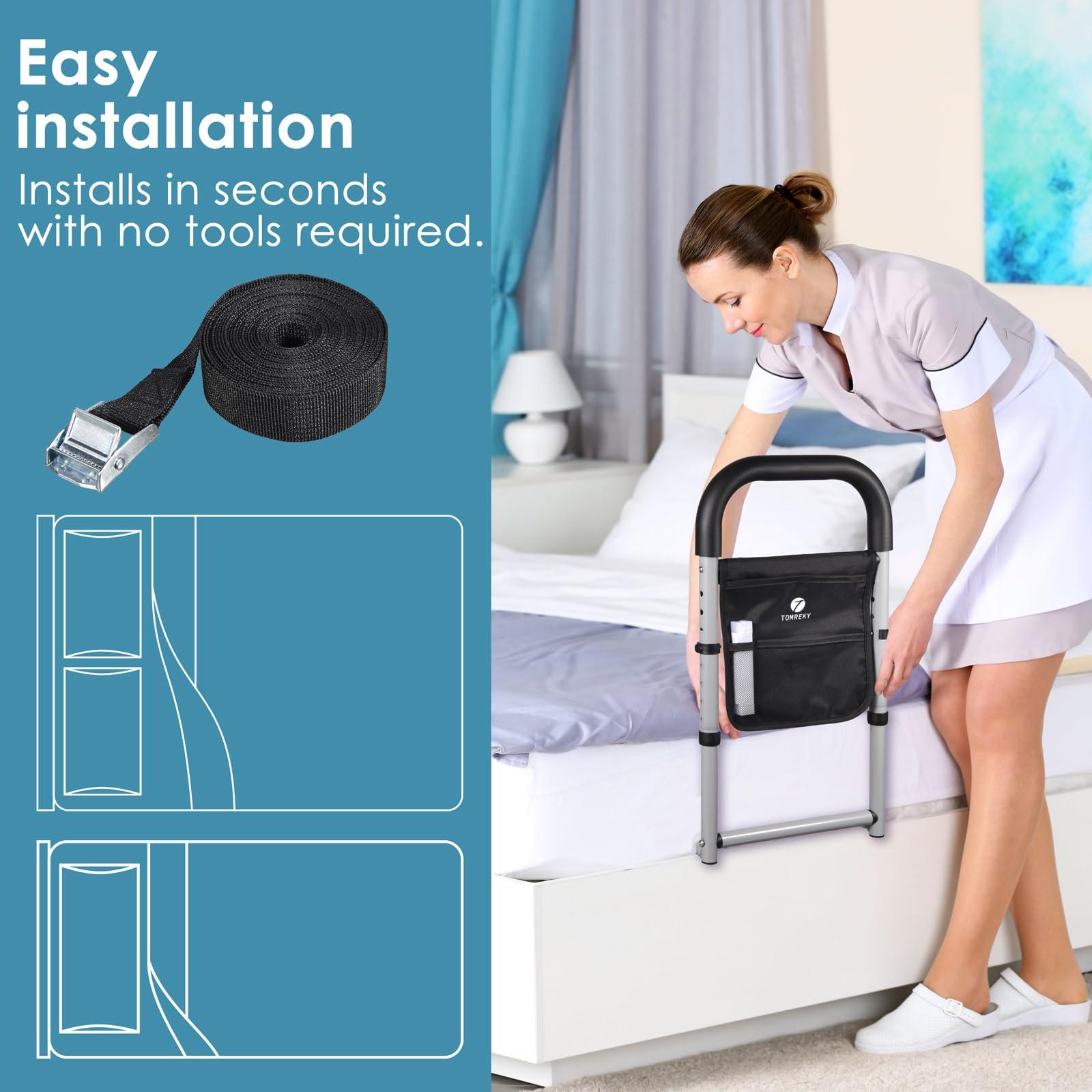 tomreky Bed Rails for Elderly Adults Assist Safety with Motion Light for Seniors Hand Bar Grab with Storage Pocket Patent Stabilizer with Fixing Strap, Support Up to 300lbs Grey