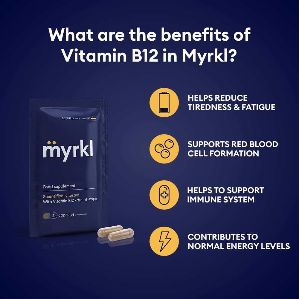Myrkl Myrkl, Unique Formula Helps Reduce Tiredness and Fatigue | Probiotics, L Cysteine, and Vitamin B12 Helps with Morning Energy | Food Supplement, Natural, Vegan, 8 Capsules (2 in Each On-The-Go Sachet)
