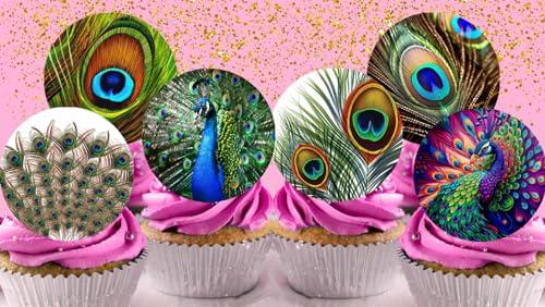 Anglesit 24 x Pre-Cut Peacock 1 Edible Stand up Wafer Paper Cupcake Toppers Cake Decorations Birthday Party Peafowl Feather Bird