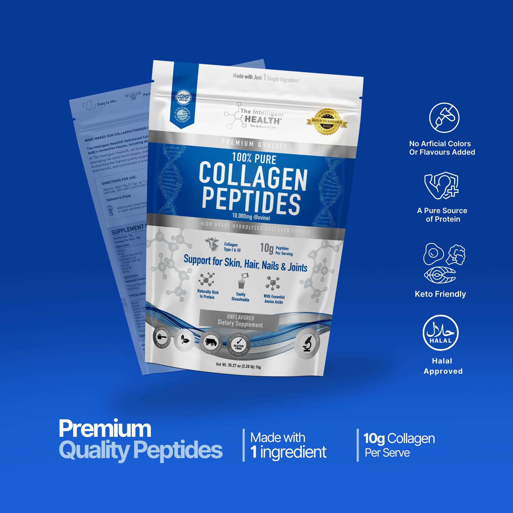 The Intelligent Health Hydrolysed Collagen Powder (Bovine) - High Protein Grass Fed Unflavoured Peptides- Collagen Supplements for Women | Gluten Free, Paleo & Keto Friendly (1KG)