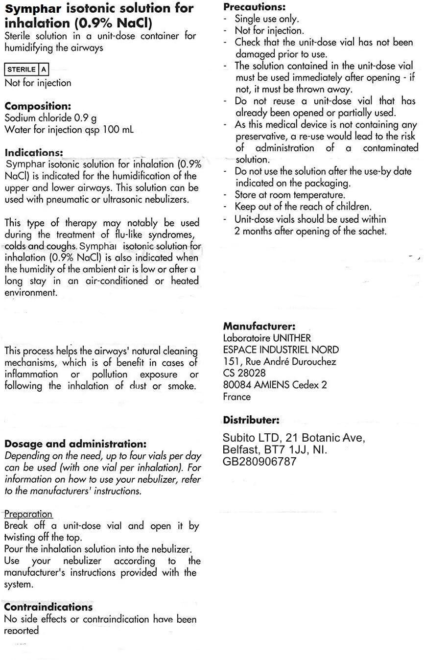 Symphar Saline Solution 0.9% Isotonic Sodium Chloride NaCl - Inhalation Saline Solution - 50 x 5 ml Unit Dose Vials, by SYMPHAR